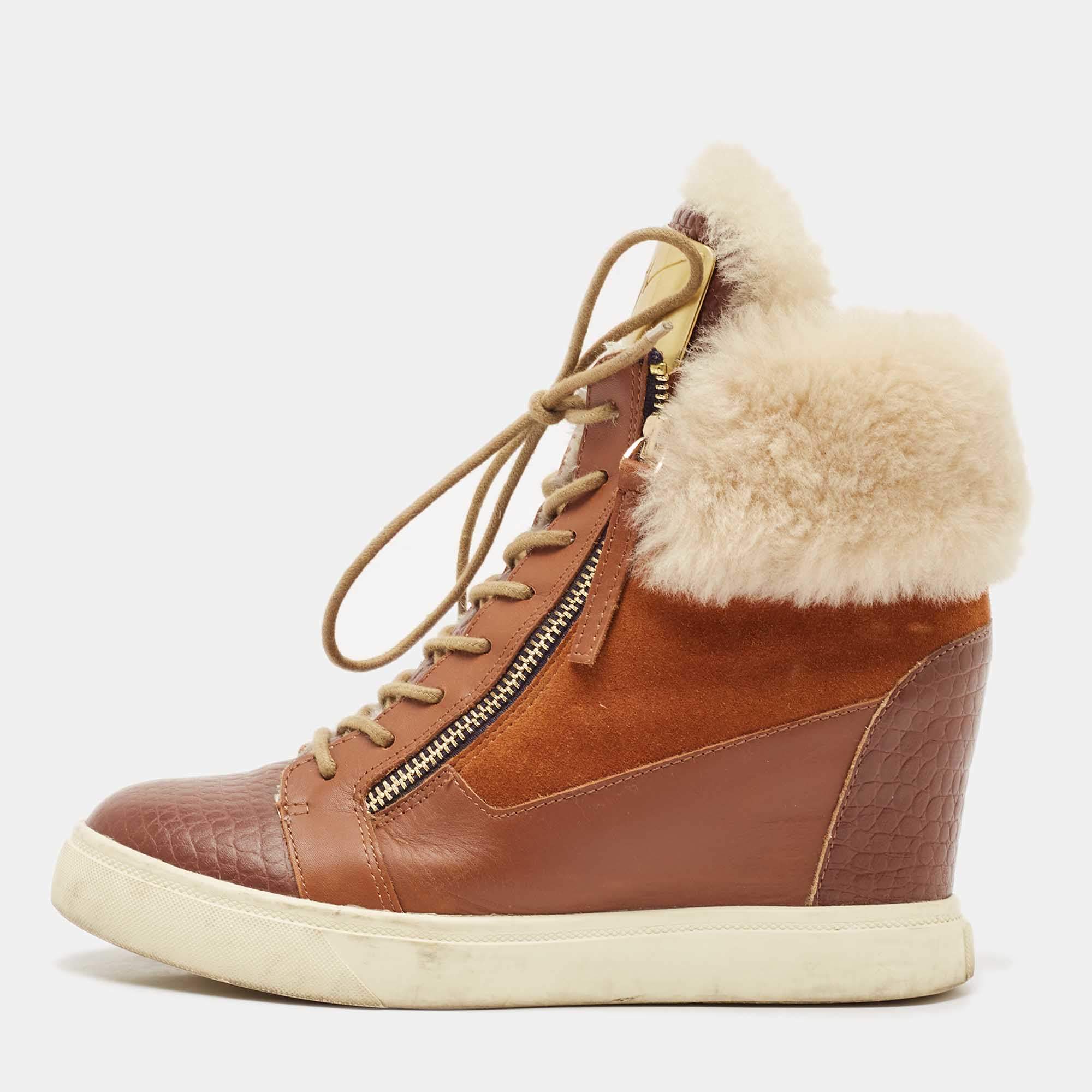 Giuseppe Zanotti Multicolor Fur and Leather Wedge Sneakers Size 38