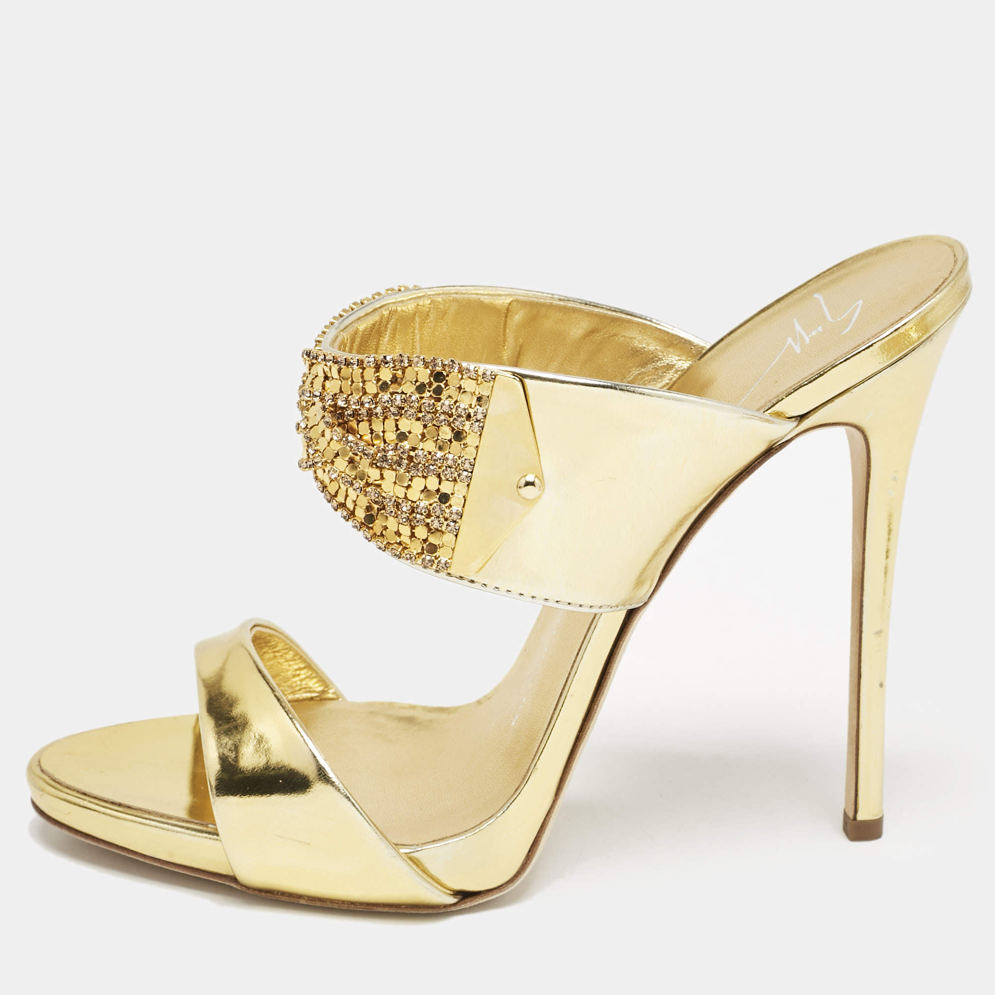 Giuseppe Zanotti Gold Leather Crystal Embellished Slide Sandals Size 39