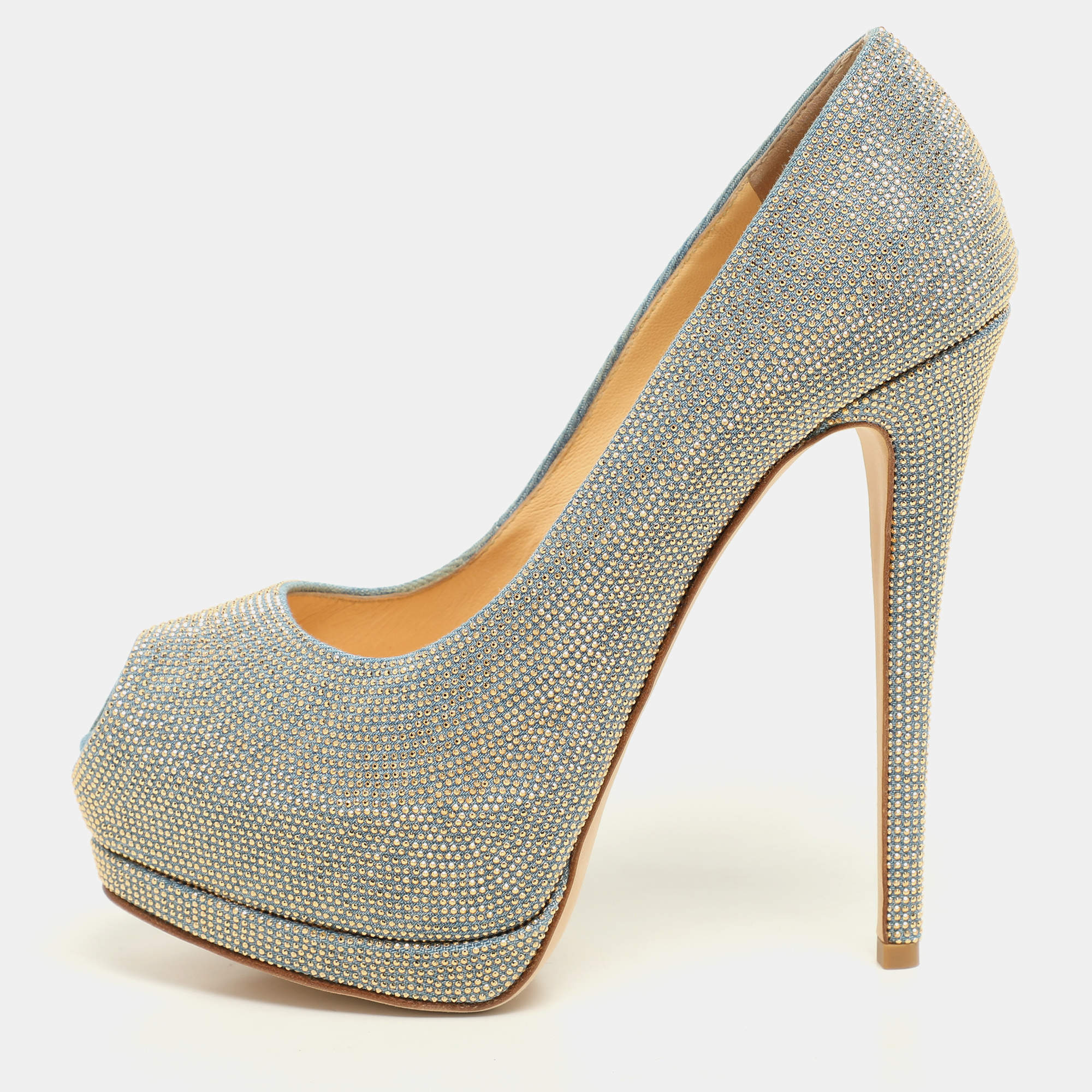 Giuseppe Zanotti Blue/Gold Studded Denim Peep Toe Platform Pumps Size 38