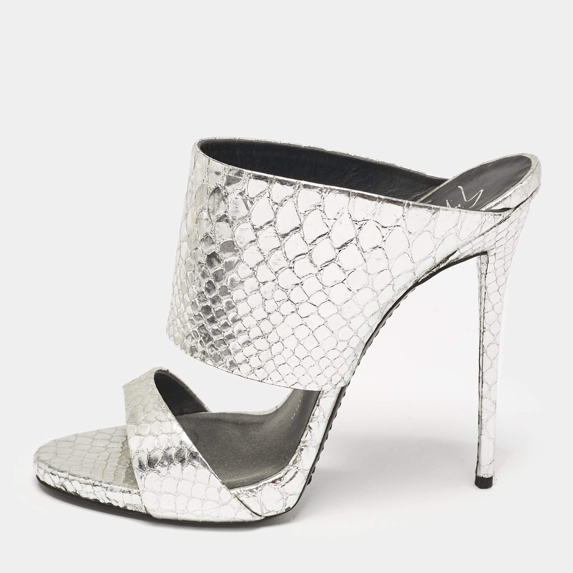 Giuseppe Zanotti Silver Snakeskin Embossed Leather Andrea Sandals Size 39
