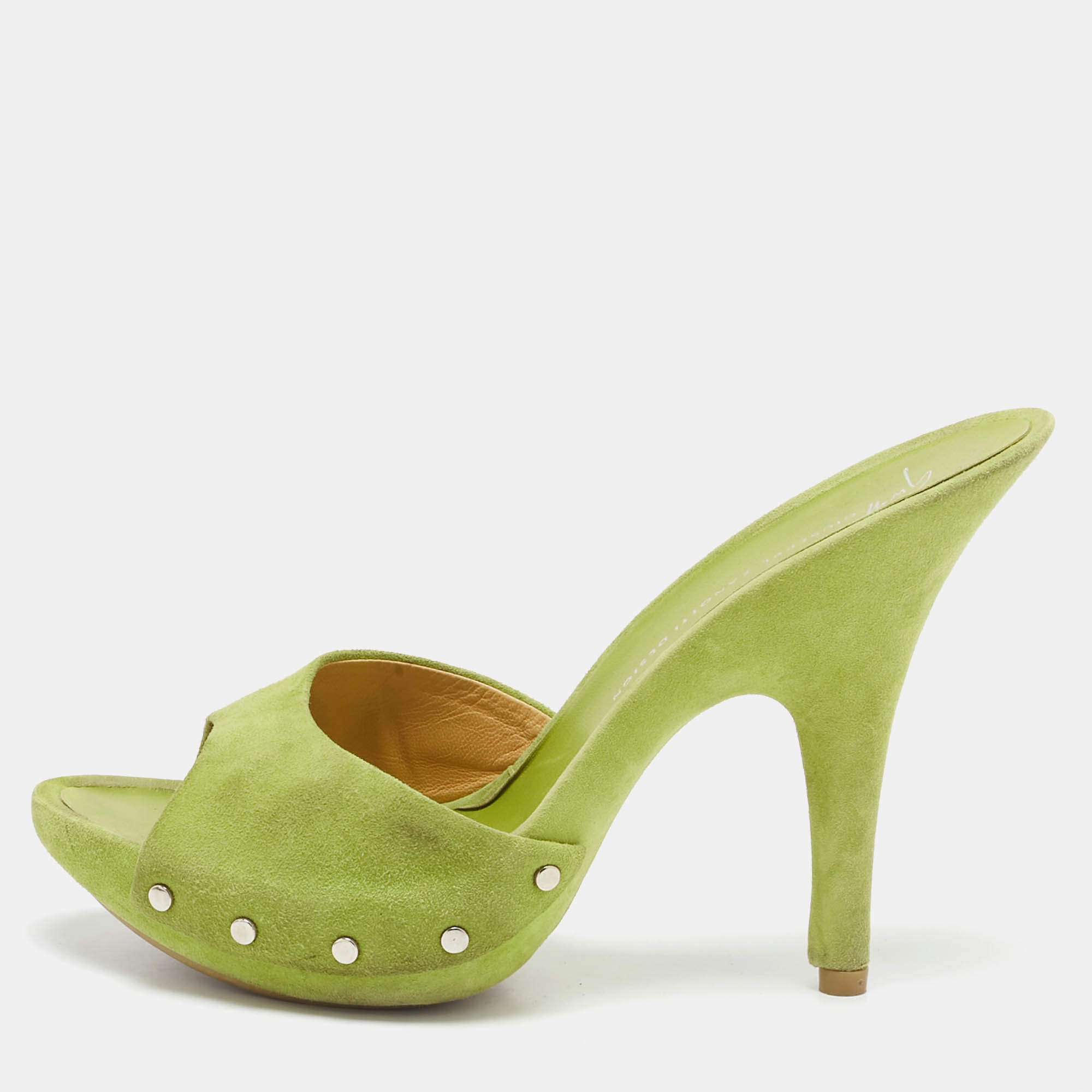 Giuseppe Zanotti Light Green Suede Studded Slide Platform Sandals Size 39