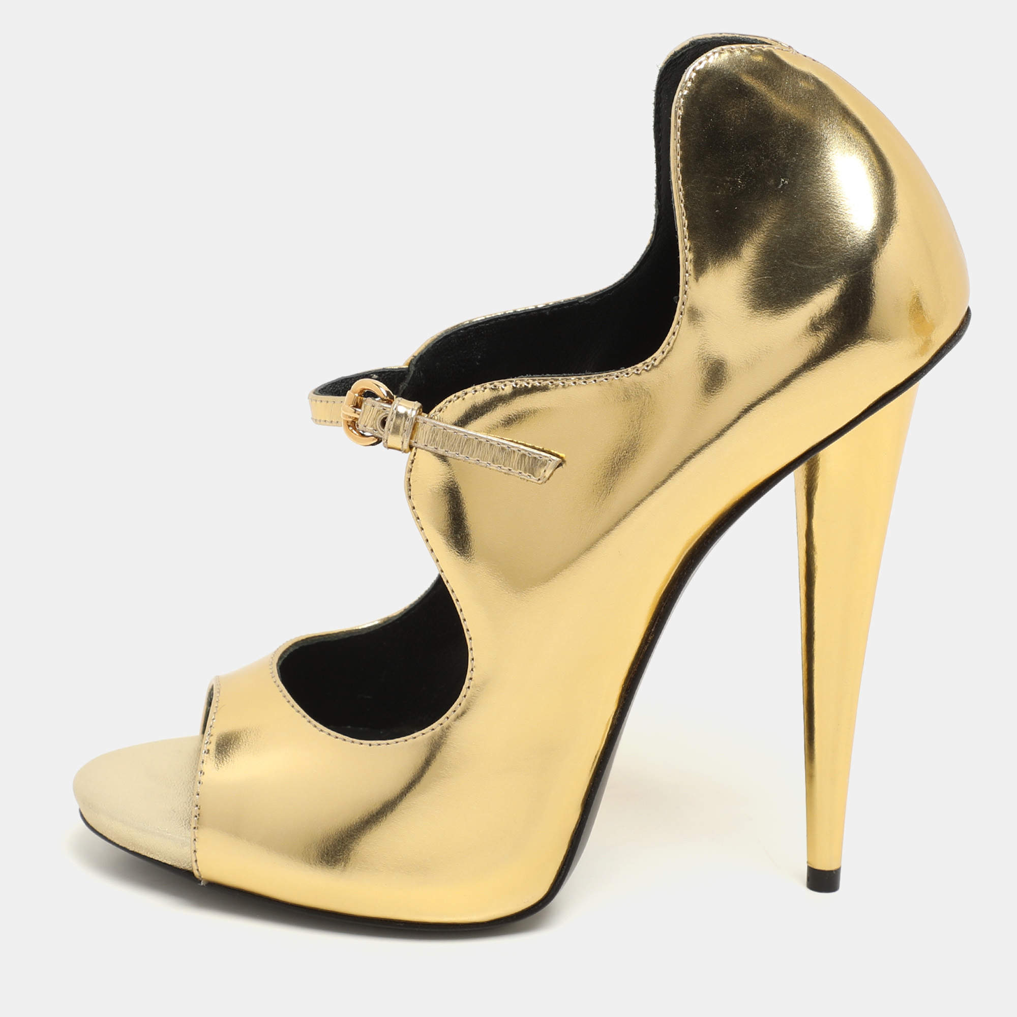 Giuseppe Zanotti Gold Foil Leather Mary Jane Peep Toe Pumps Size 37