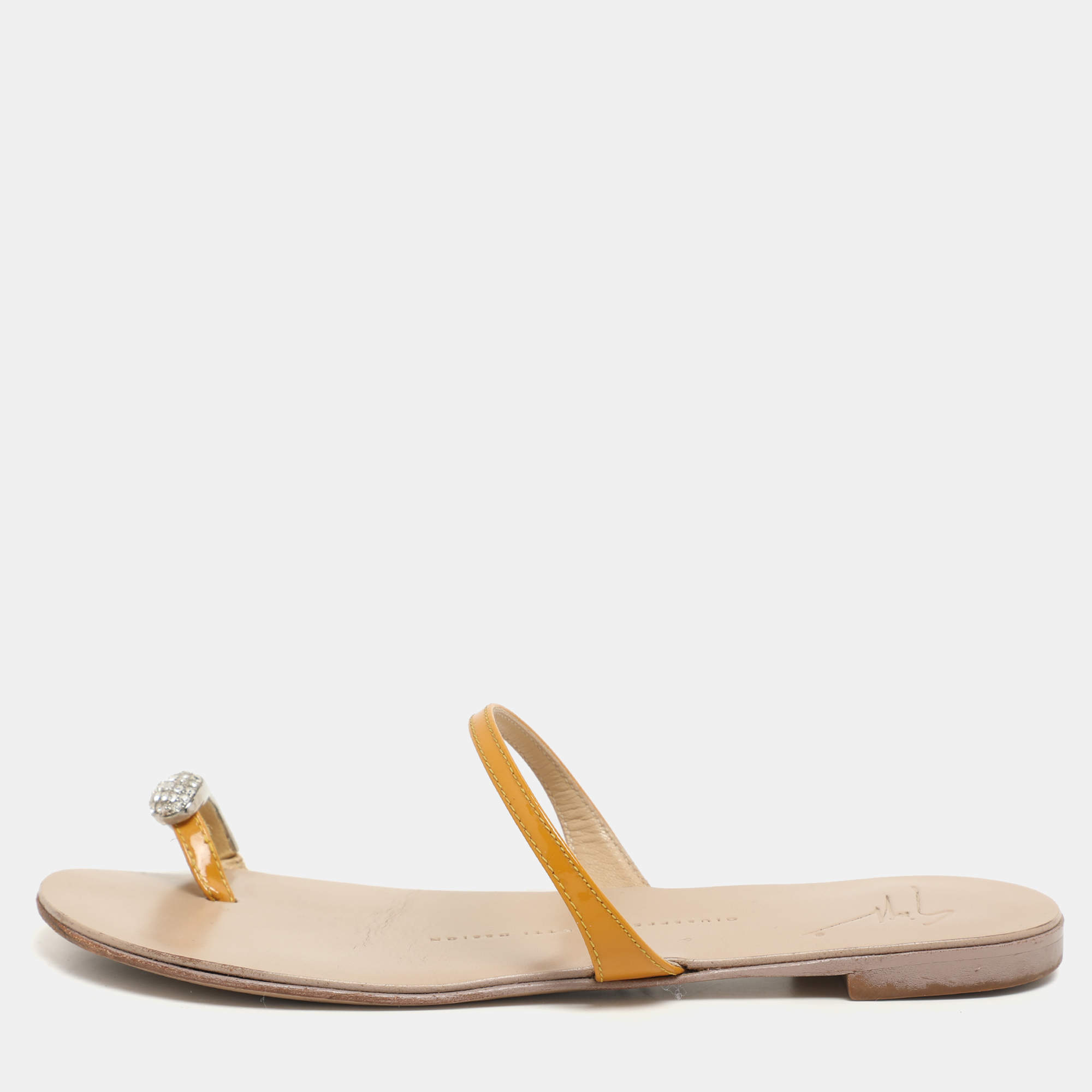 Giuseppe Zanotti Yellow Patent Leather Crystal Embellished Toe Ring Flat Sandals Size 36