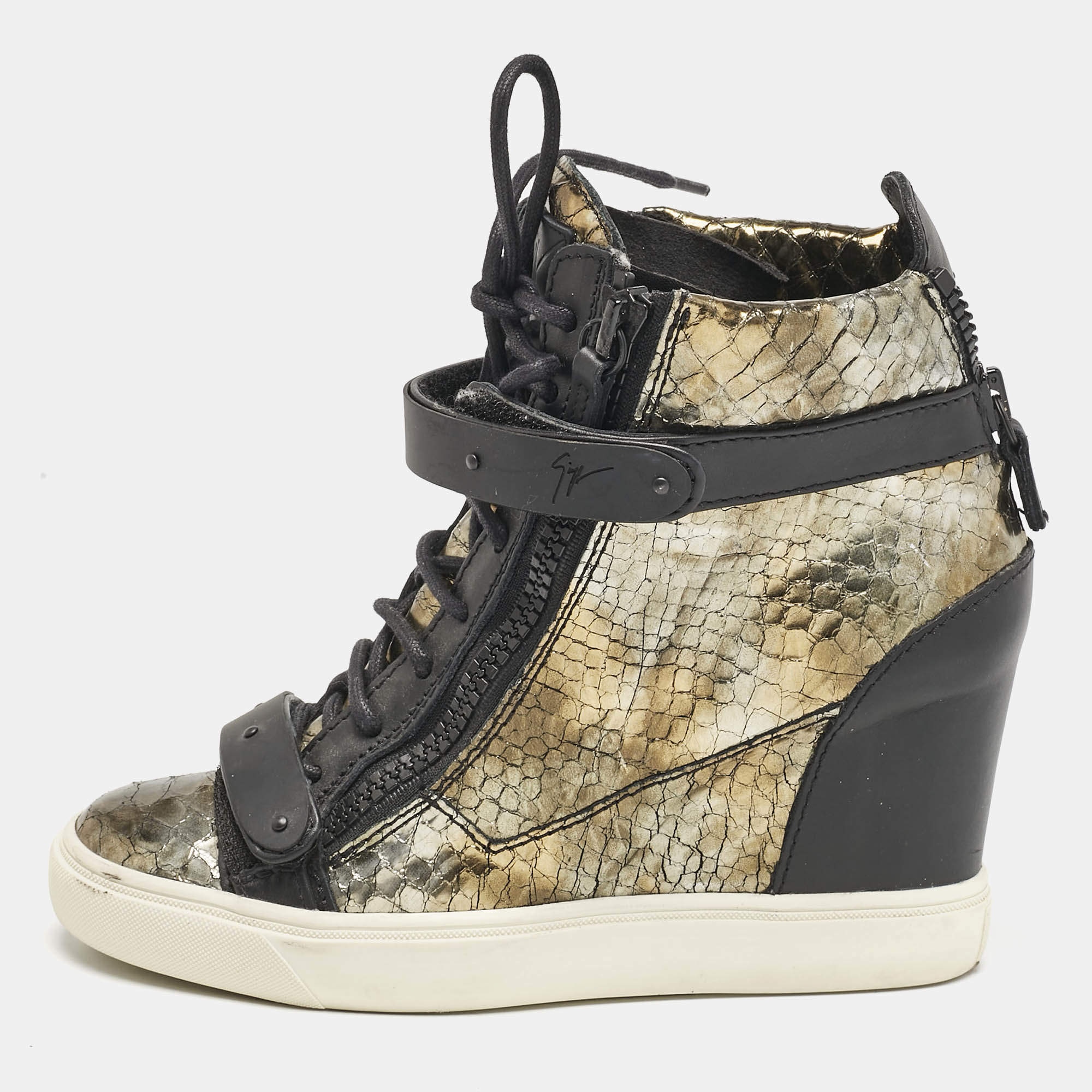 Giuseppe Zanotti Metallic Python Embossed Leather Wedge Sneakers Size 39