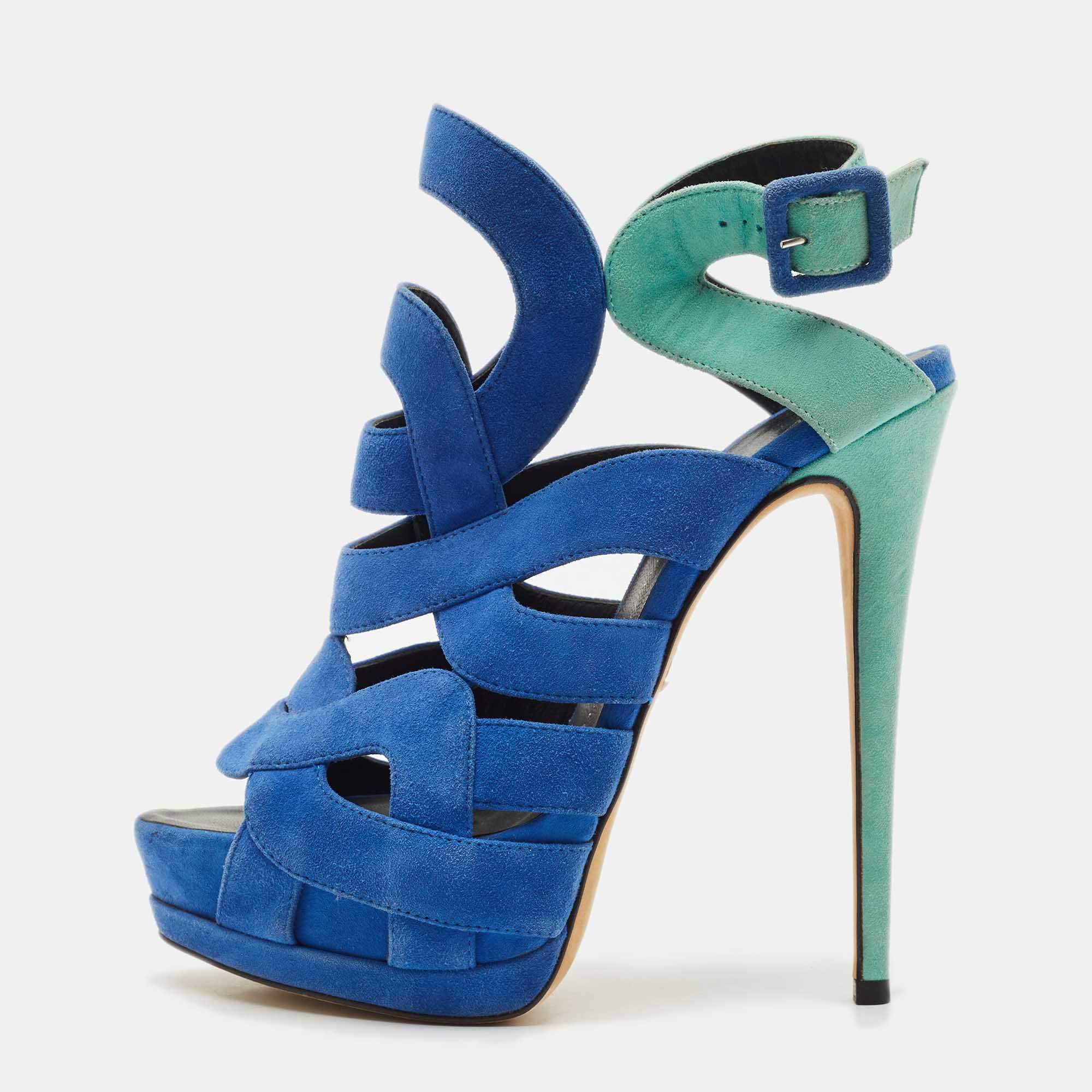 Giuseppe Zanotti Blue/Green Suede Cutout Caged Strappy Platform Sandals Size 39