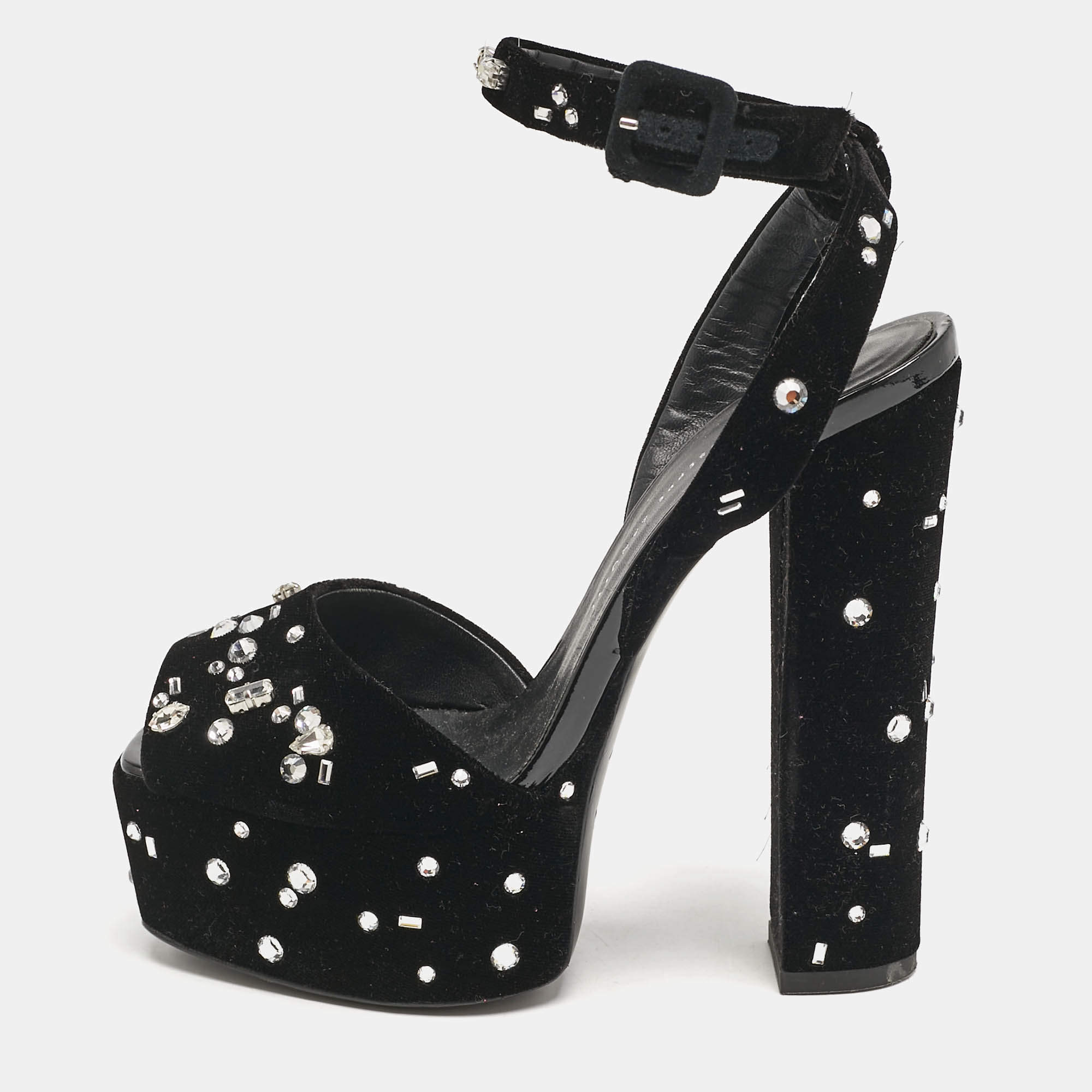 Pre Owned Giuseppe Zanotti Black Velvet Crystal Embellished Ankle Strap Platform Sandals Size 36