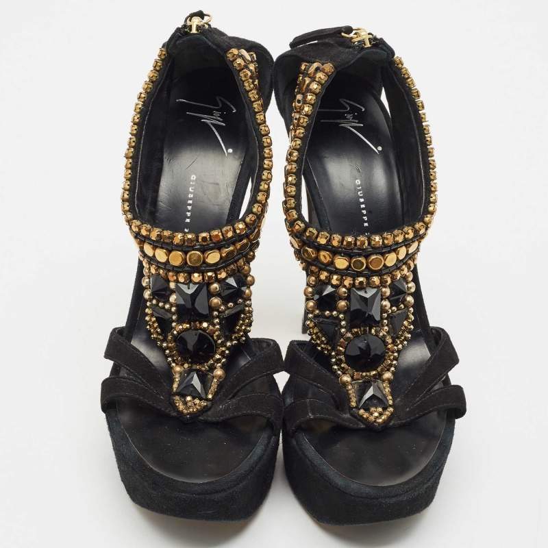 Pre Owned Giuseppe Zanotti Black Suede Embellished Platform Sandals Size 39
