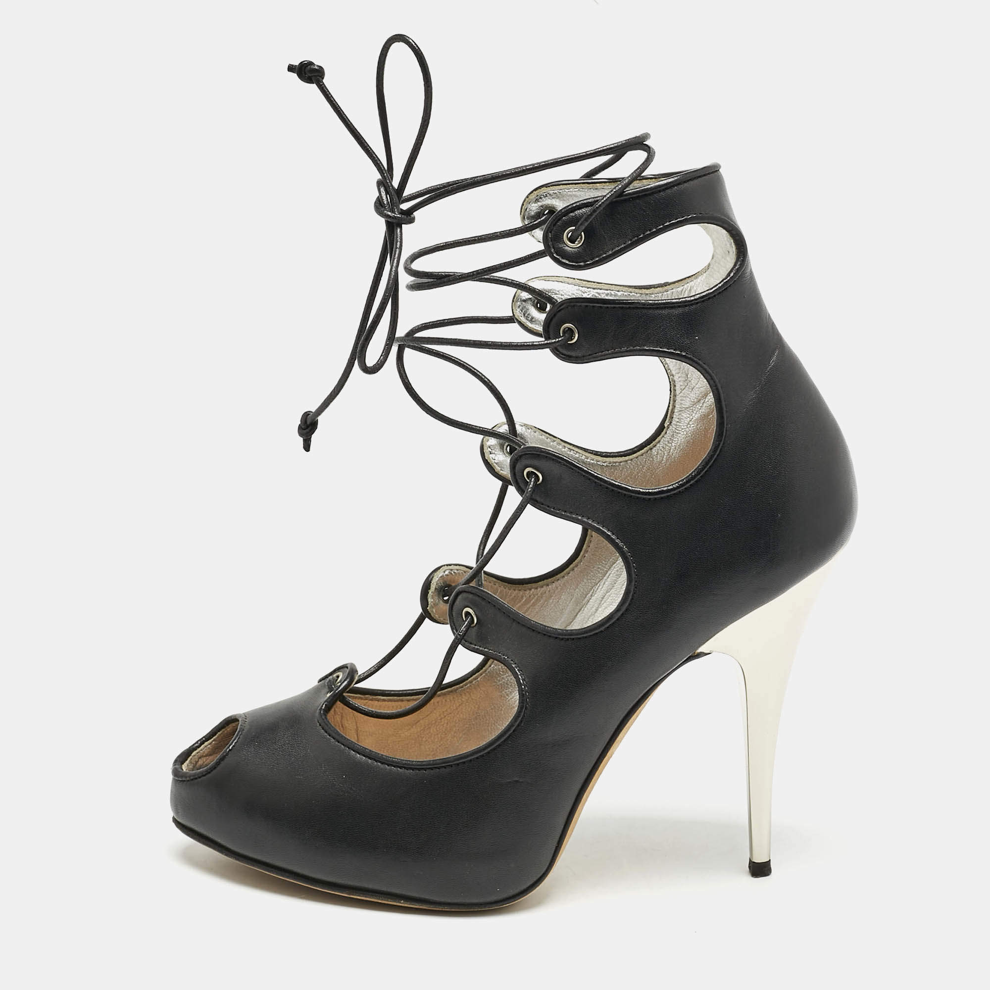مملوكة مسبقًا حذاء كعب عالي جوسيبي زانوتي جلد أسود بأربطة مقاس 37.5