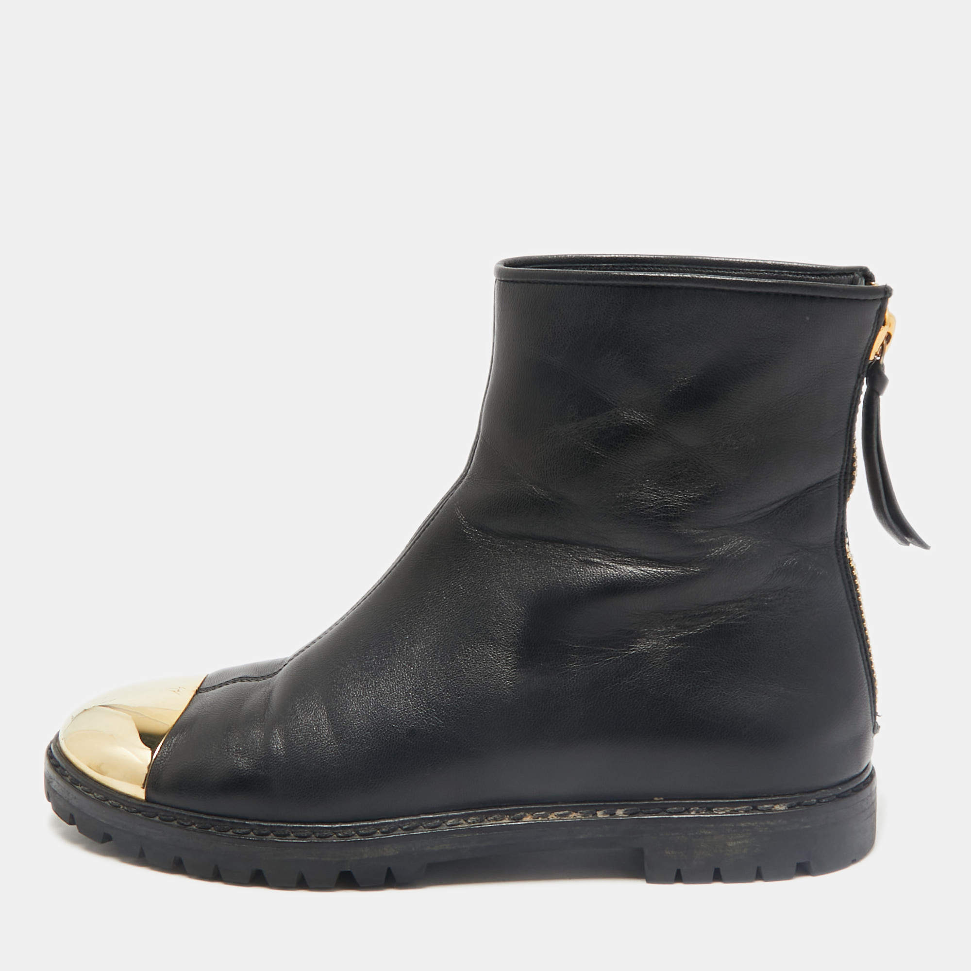 Giuseppe Zanotti Black/Gold Leather Metal Cap Toe Ankle Length Boots Size 38