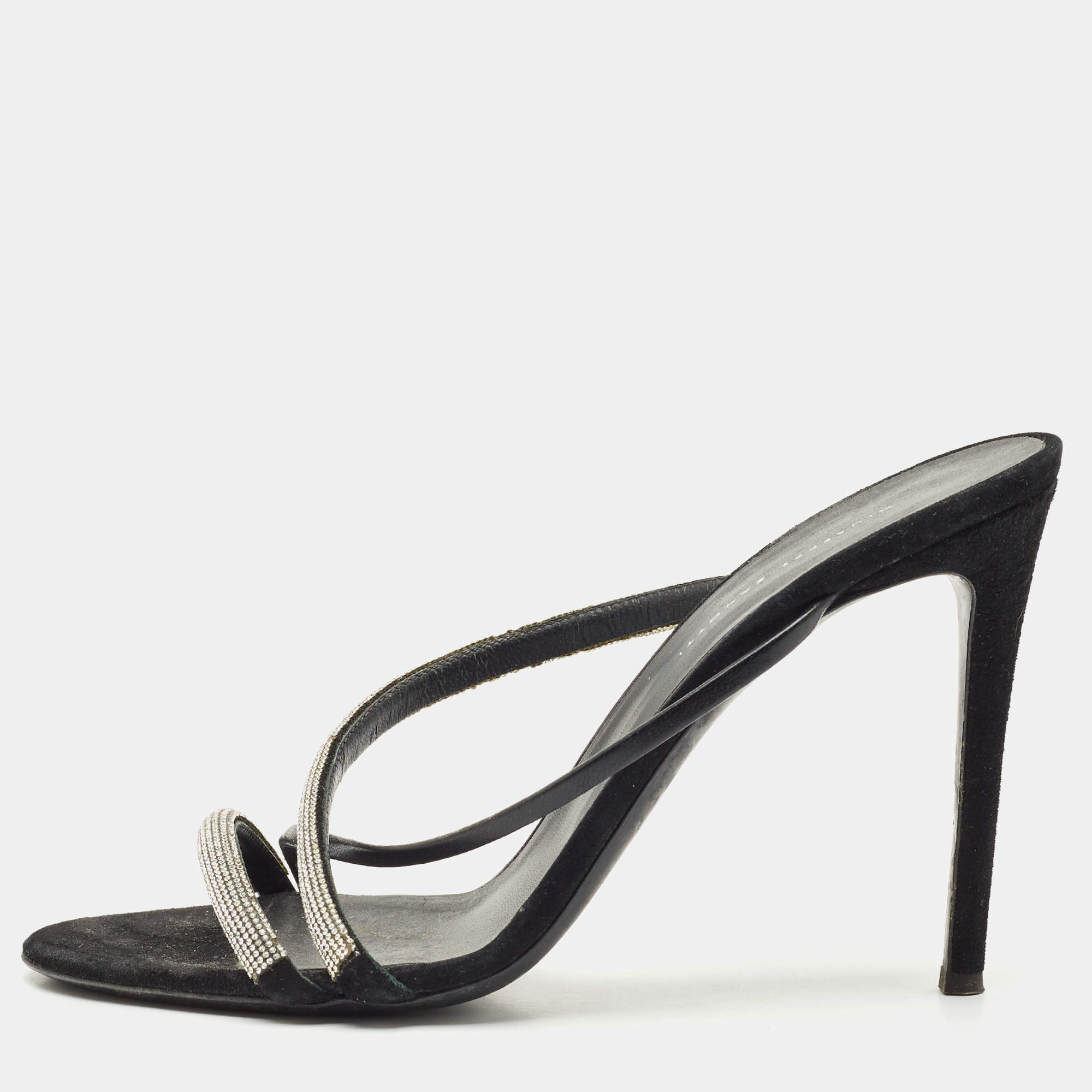 Giuseppe Zanotti Black Leather and Suede Crystal Embellished Slide Sandals Size 40