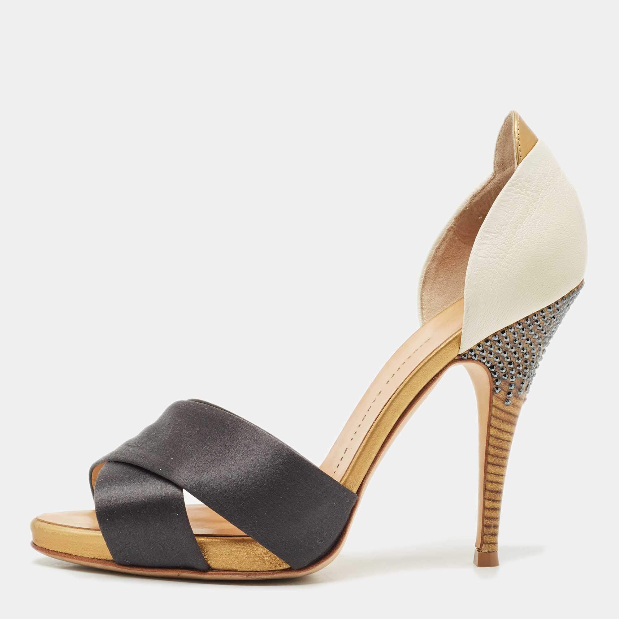 Pre Owned Giuseppe Zanotti Multicolor Leather and Satin Platform Pumps Size 38.5