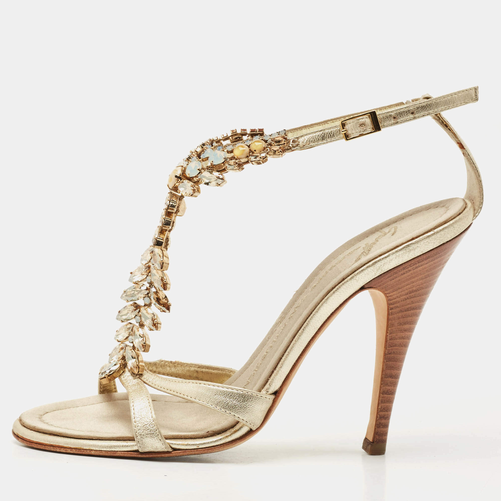 Giuseppe Zanotti Light Gold Leather Crystals Embellished Ankle Strap Sandals Size 36.5