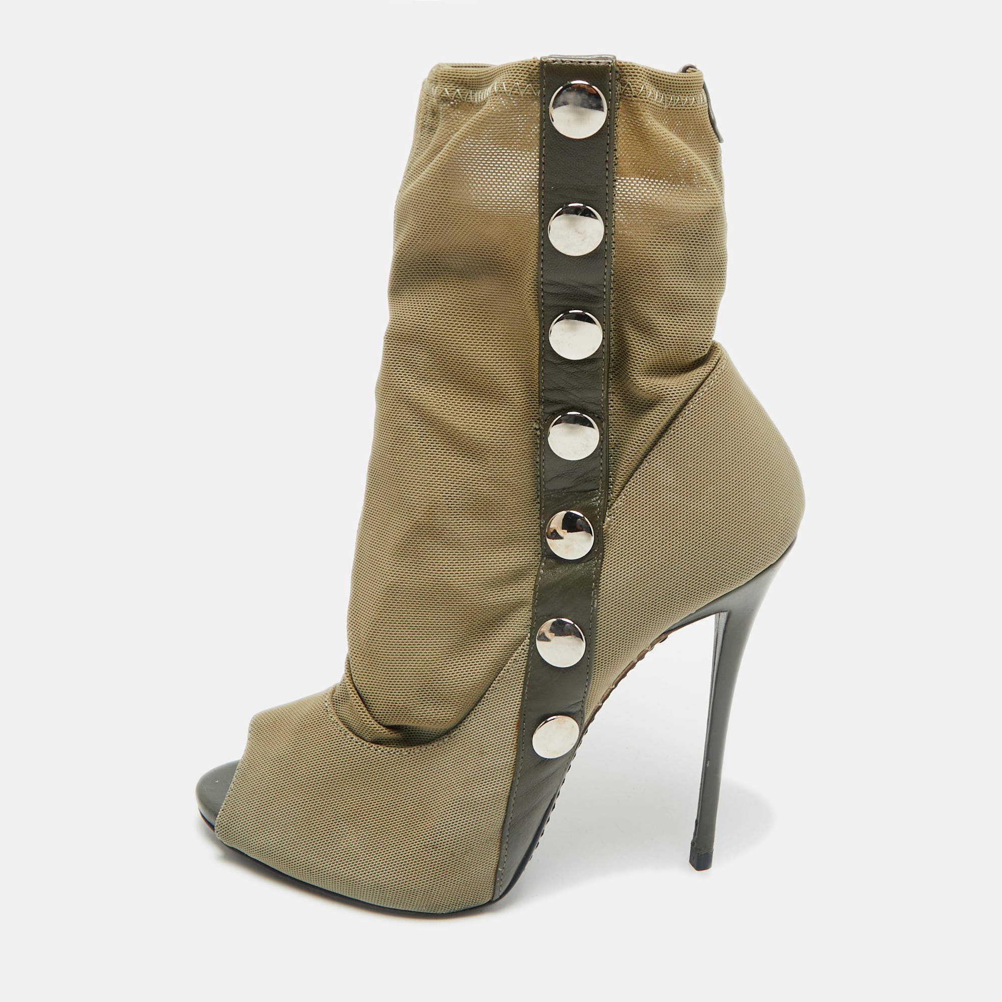 Giuseppe Zanotti Army Green Canvas and Mesh Peep Toe Booties Size 39