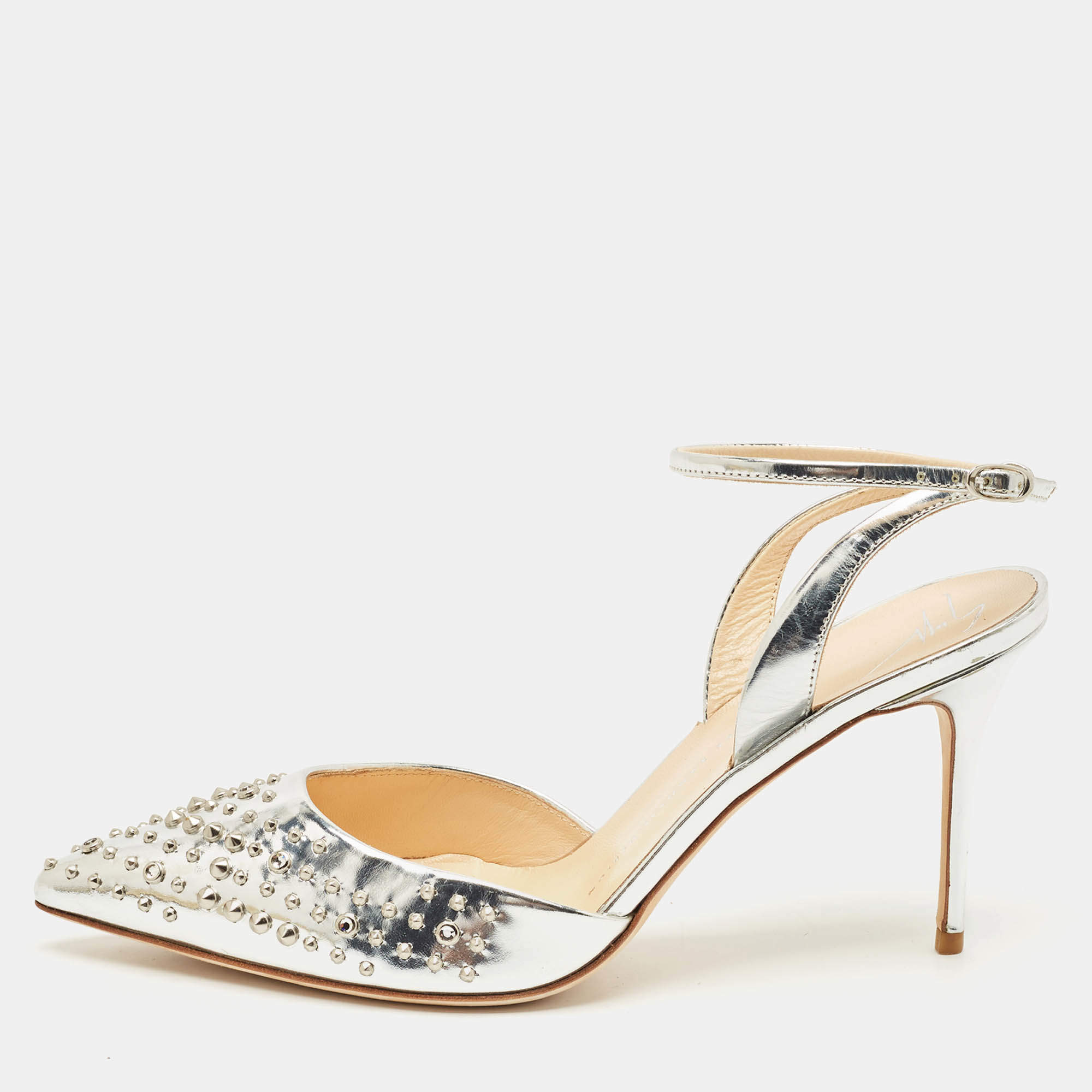 Giuseppe Zanotti Silver Foil Leather Studded Ankle Strap Pumps Size 38.5
