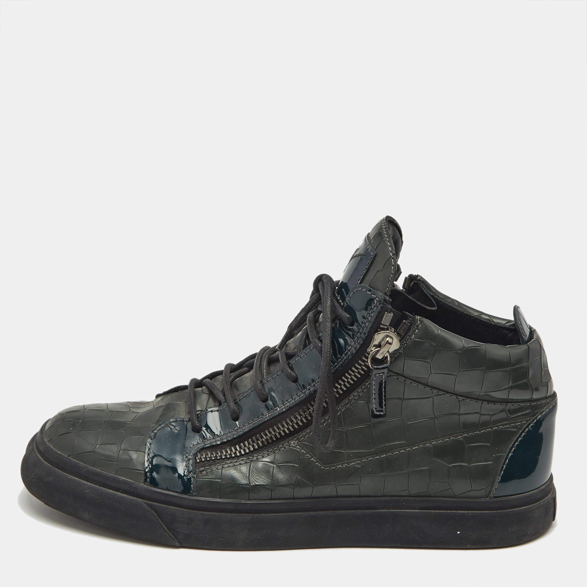 Giuseppe Zanotti Dark Green Croc Embossed Leather Kriss Sneakers Size 43