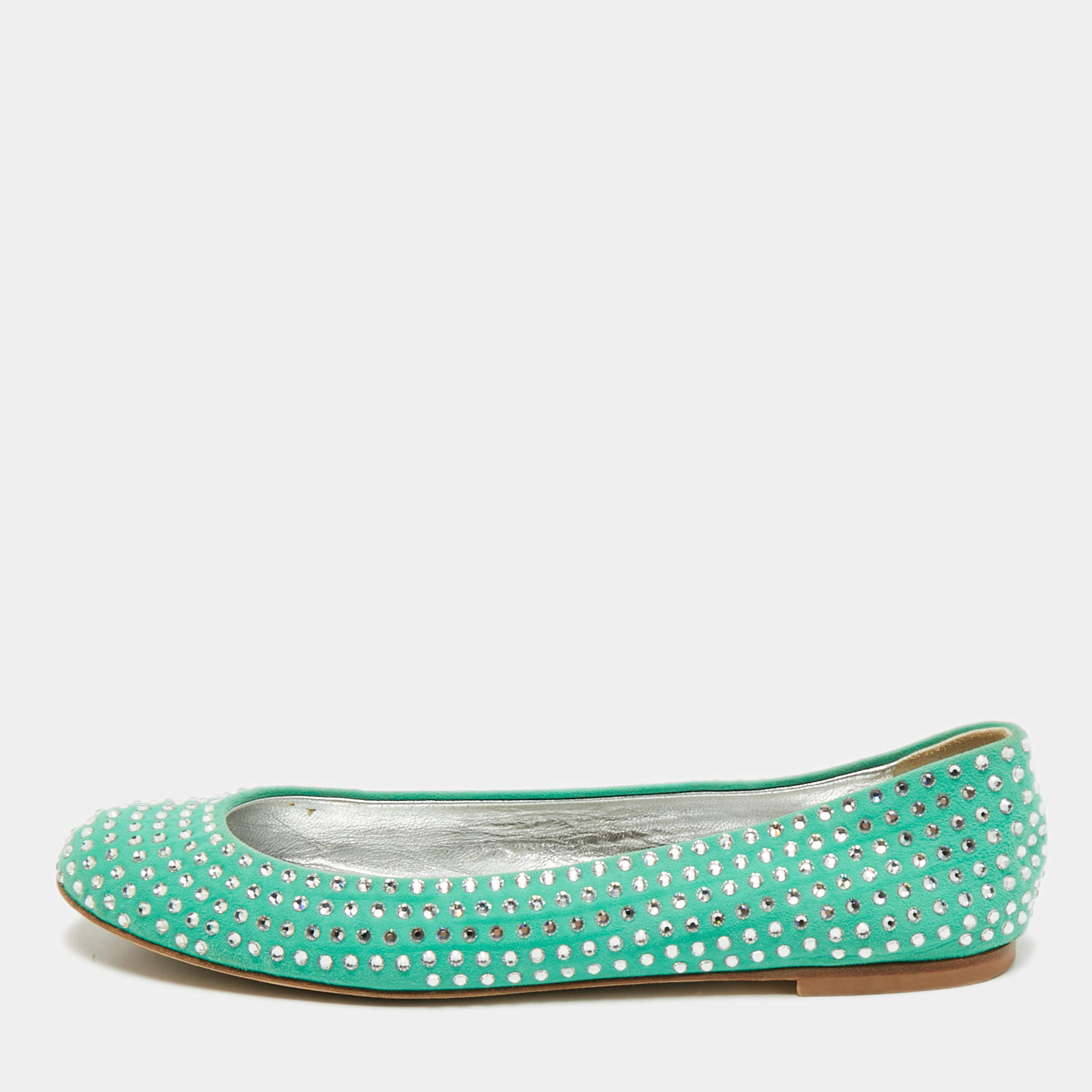 Giuseppe Zanotti Green Suede Crystal Embellished Ballet Flats Size 39