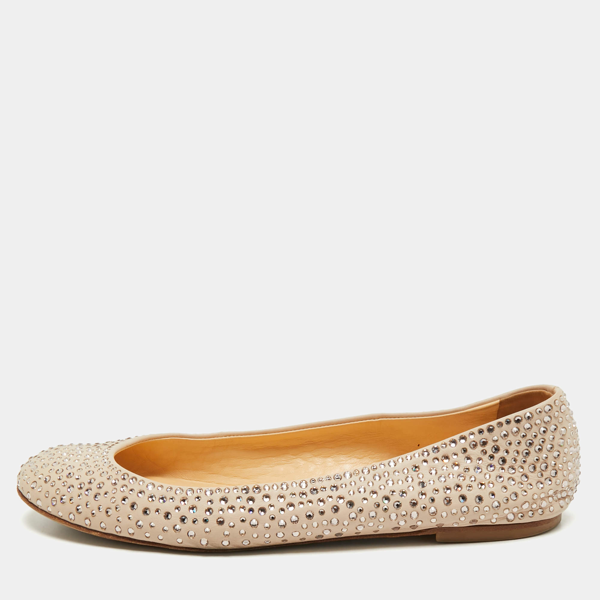 Giuseppe Zanotti Beige Leather Crystal Embellished Ballet Flats Size 40