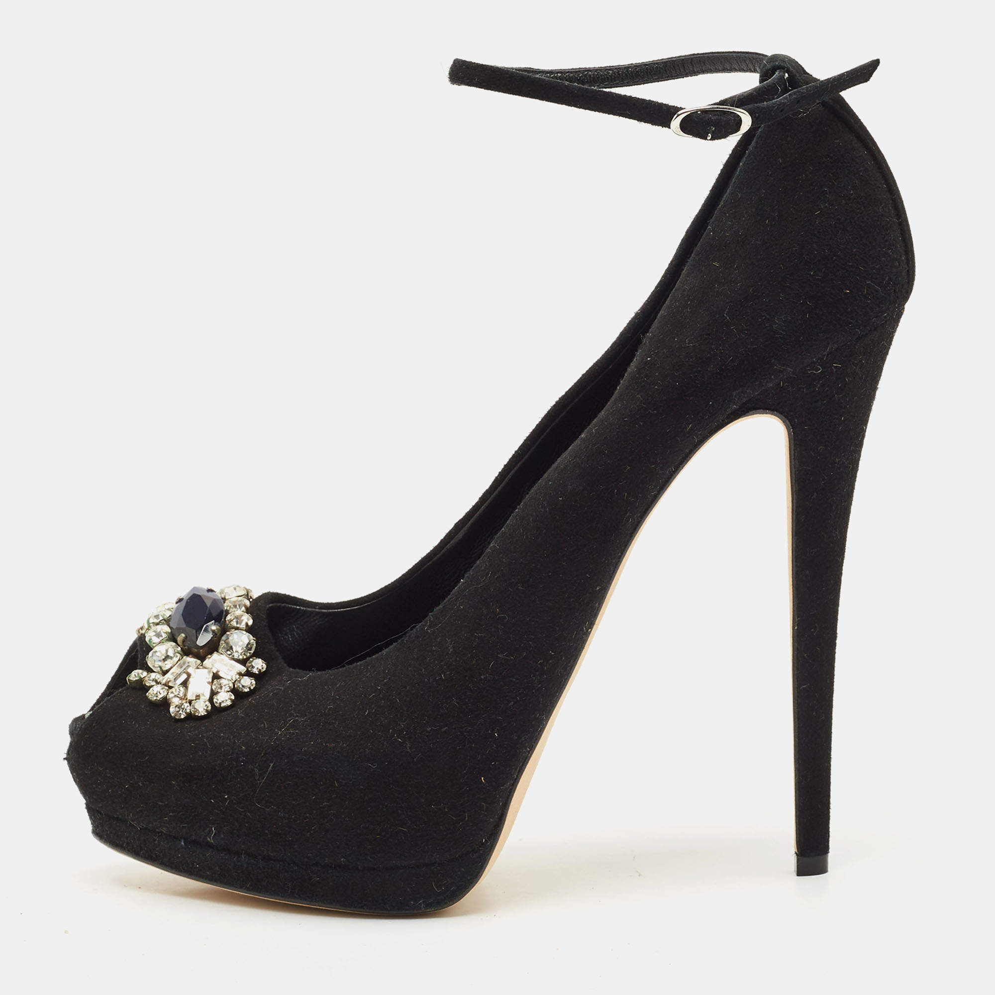 Giuseppe Zanotti Black Suede Crystal Embellished Ankle Strap Peep Toe Platform Pumps Size 39.5