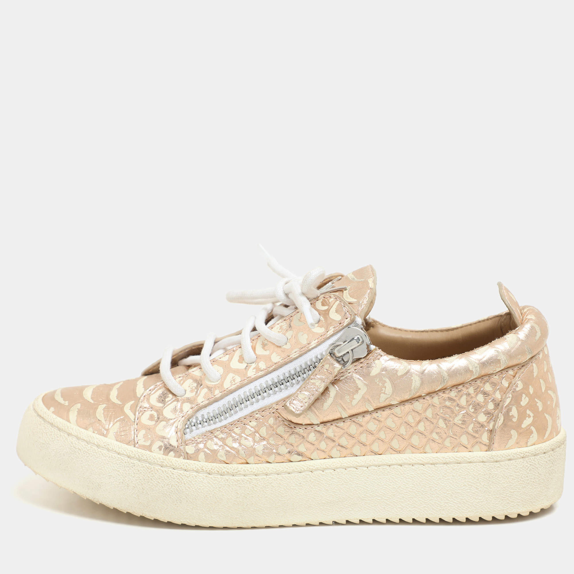 Pre Owned Giuseppe Zanotti Metallic Rose Gold Leather Double Zip Low Top Sneakers Size 37