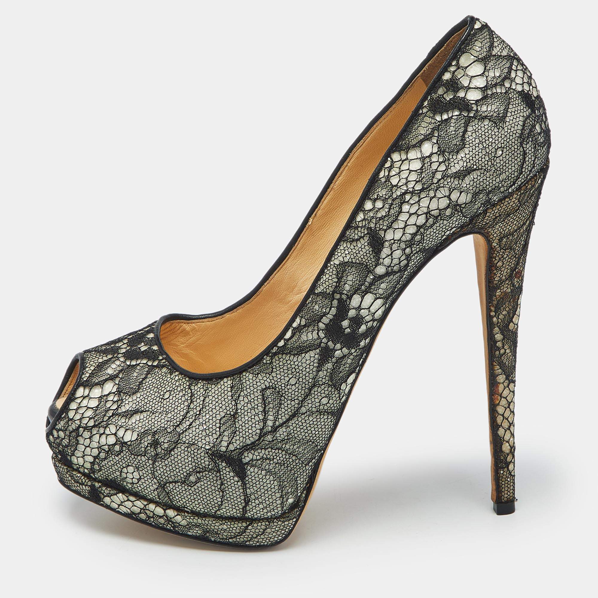 Pre Owned Giuseppe Zanotti Black/White Floral Lace Peep Toe Platform Pumps Size 41