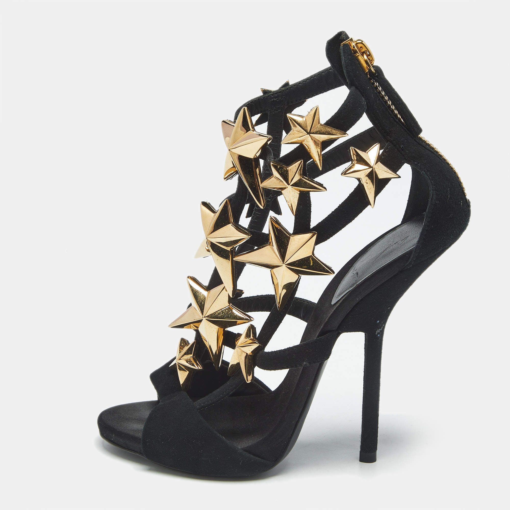 Pre Owned Giuseppe Zanotti Black Suede Star Embellished Ankle Strap Sandals Size 36
