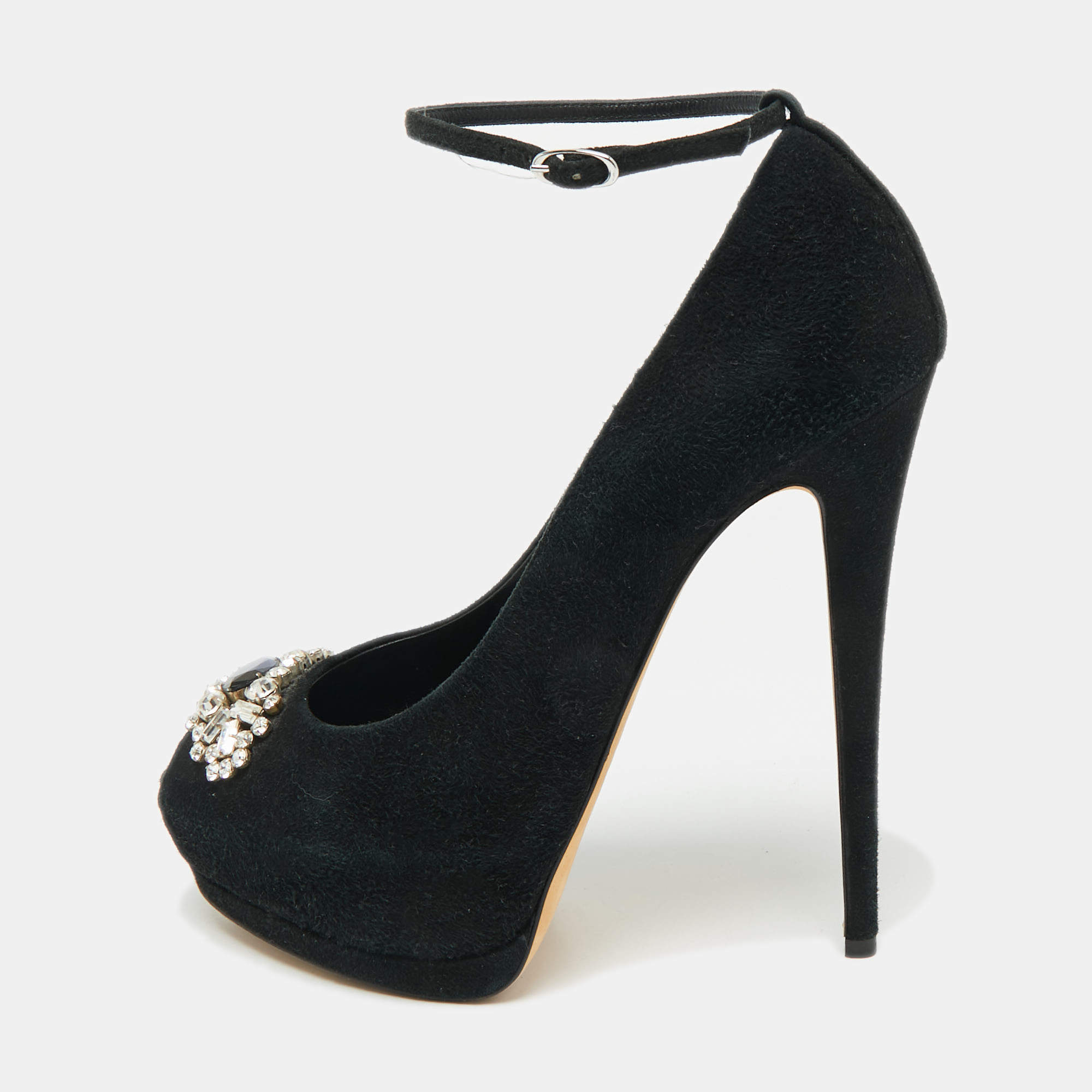 Pre Owned Giuseppe Zanotti Black Suede Crystal Embellished Ankle Strap Peep Toe Platform Pumps Size 40.5