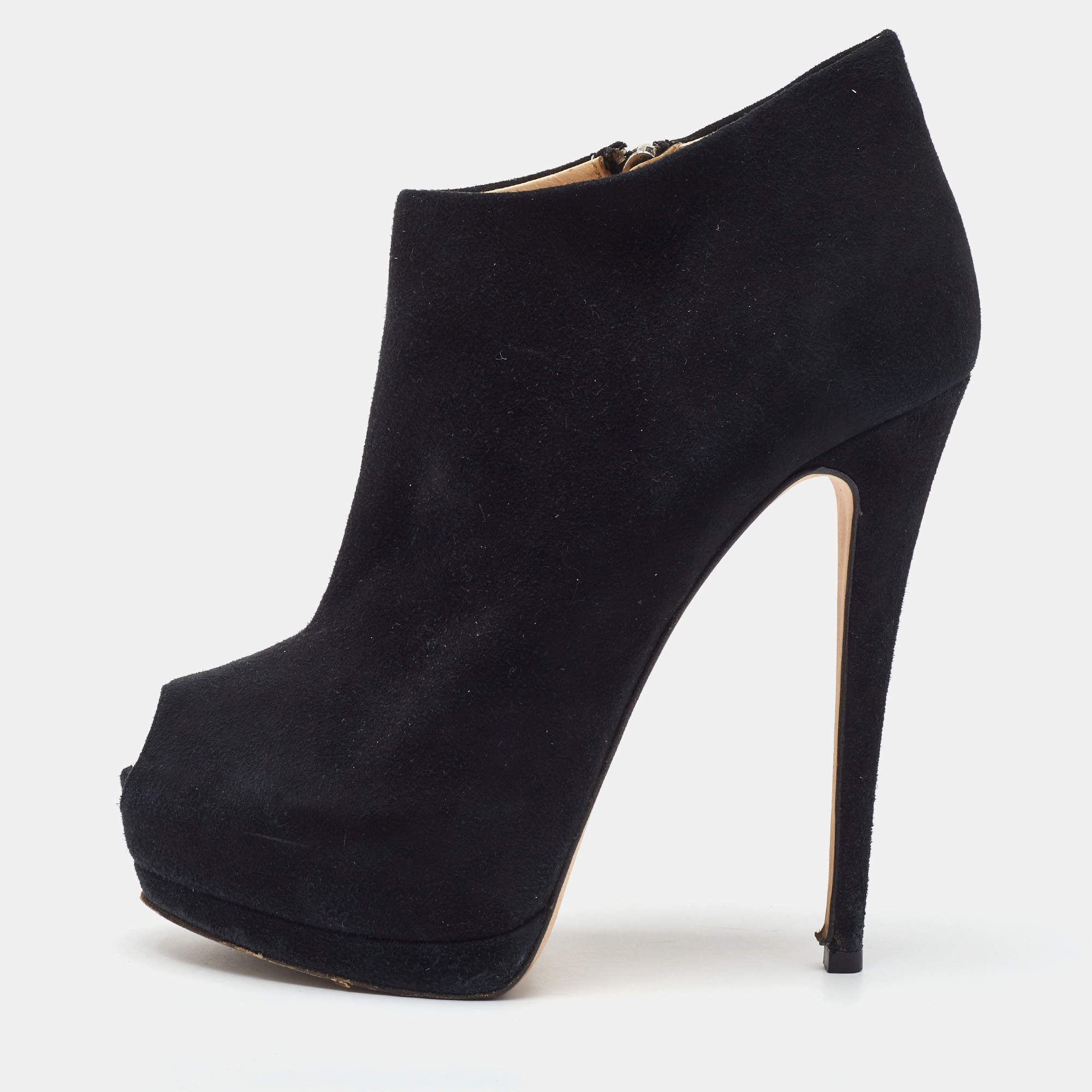 Pre Owned Giuseppe Zanotti Black Suede Peep Toe Platform Ankle Booties Size 38