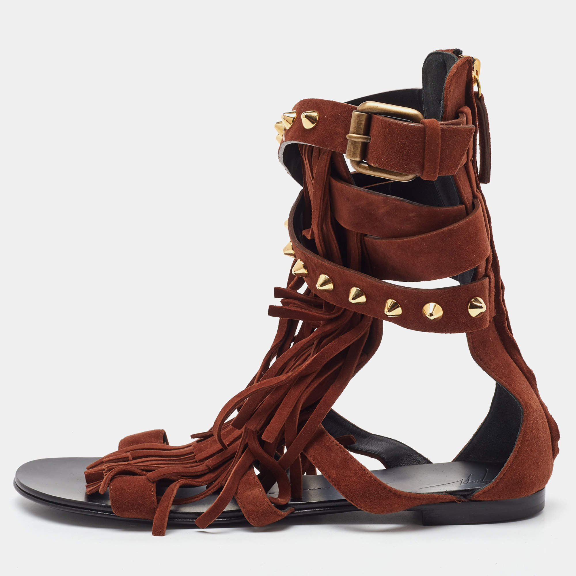 Pre Owned Giuseppe Zanotti Brown Suede Studded Fringe Gladiator Flat Sandals Size 37.5