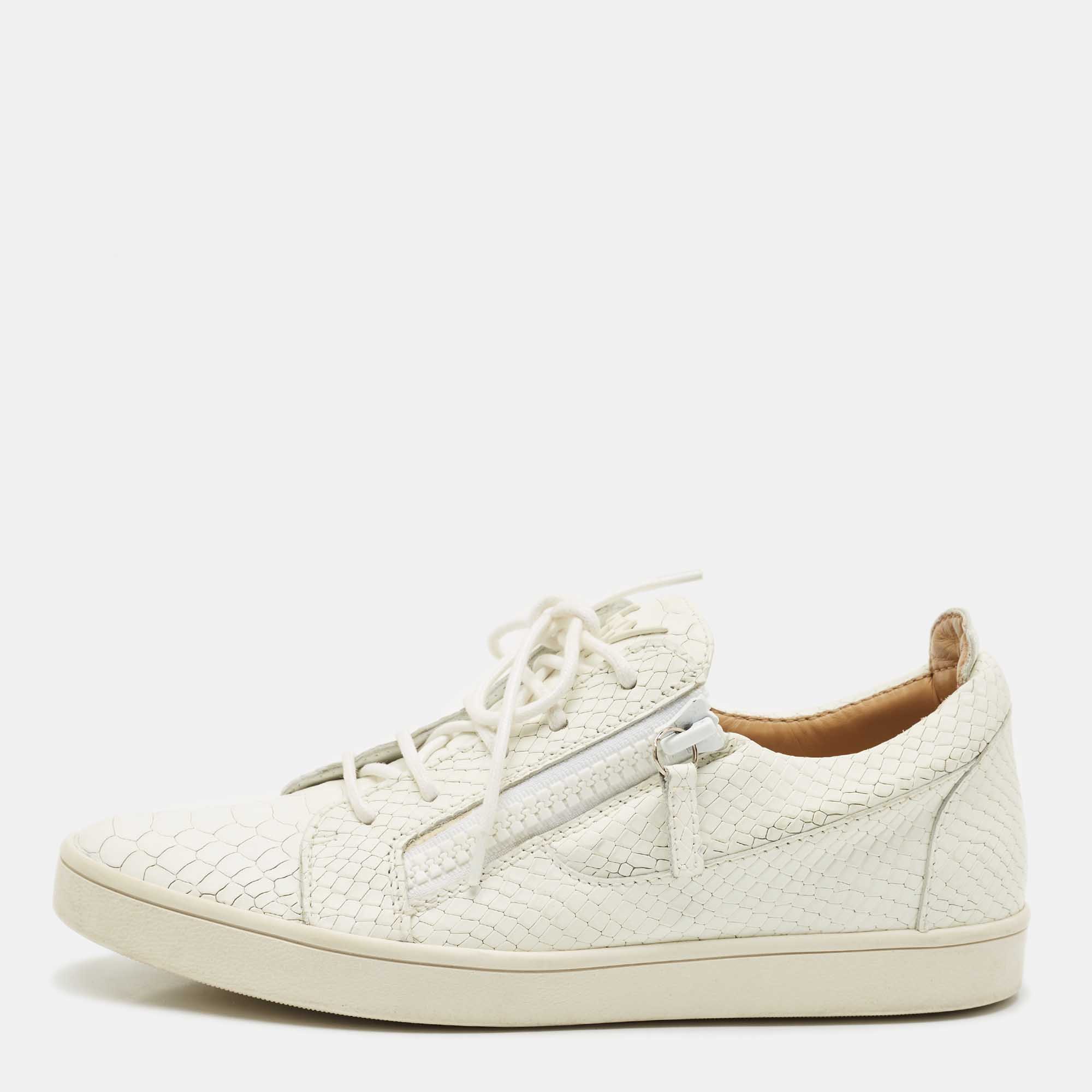 Pre Owned Giuseppe Zanotti White Snakeskin Embossed Leather Frankie Sneakers Size 40