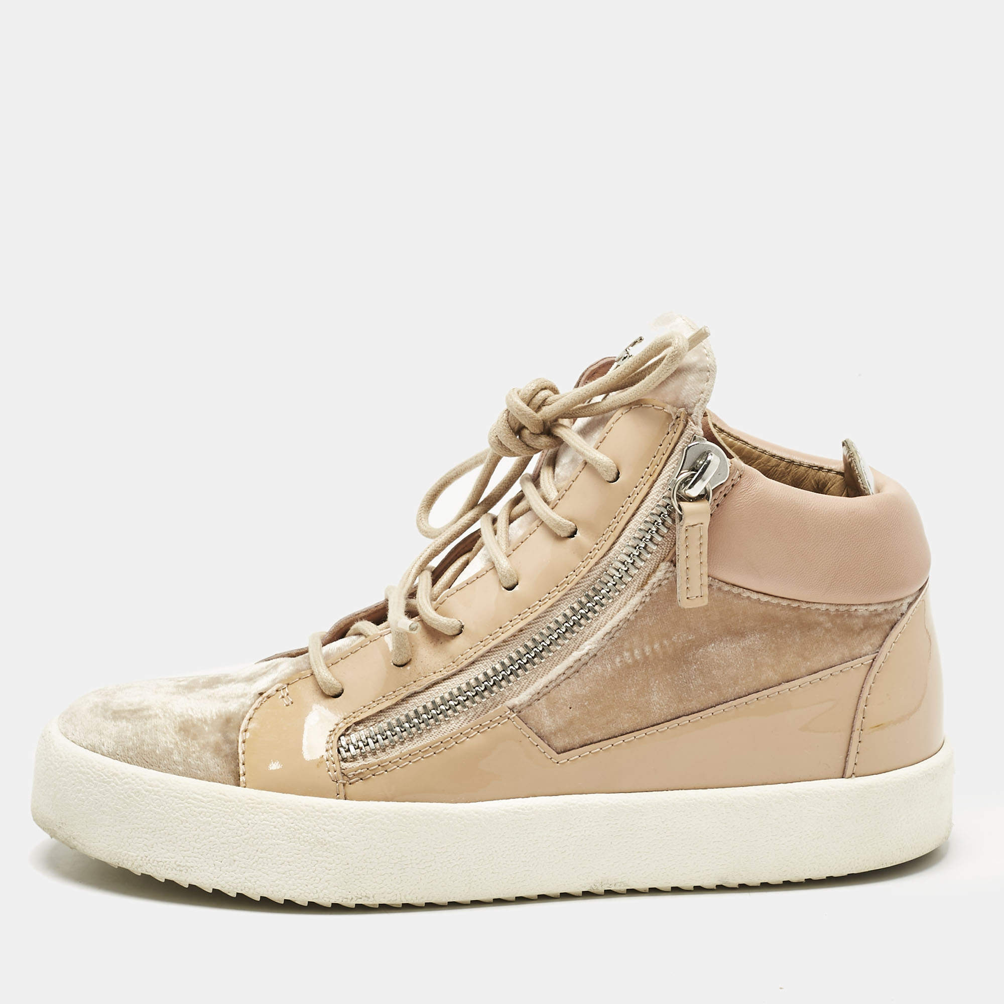 Pre Owned Giuseppe Zanotti Beige Velvet and Patent Frankie High Top Sneakers Size 39