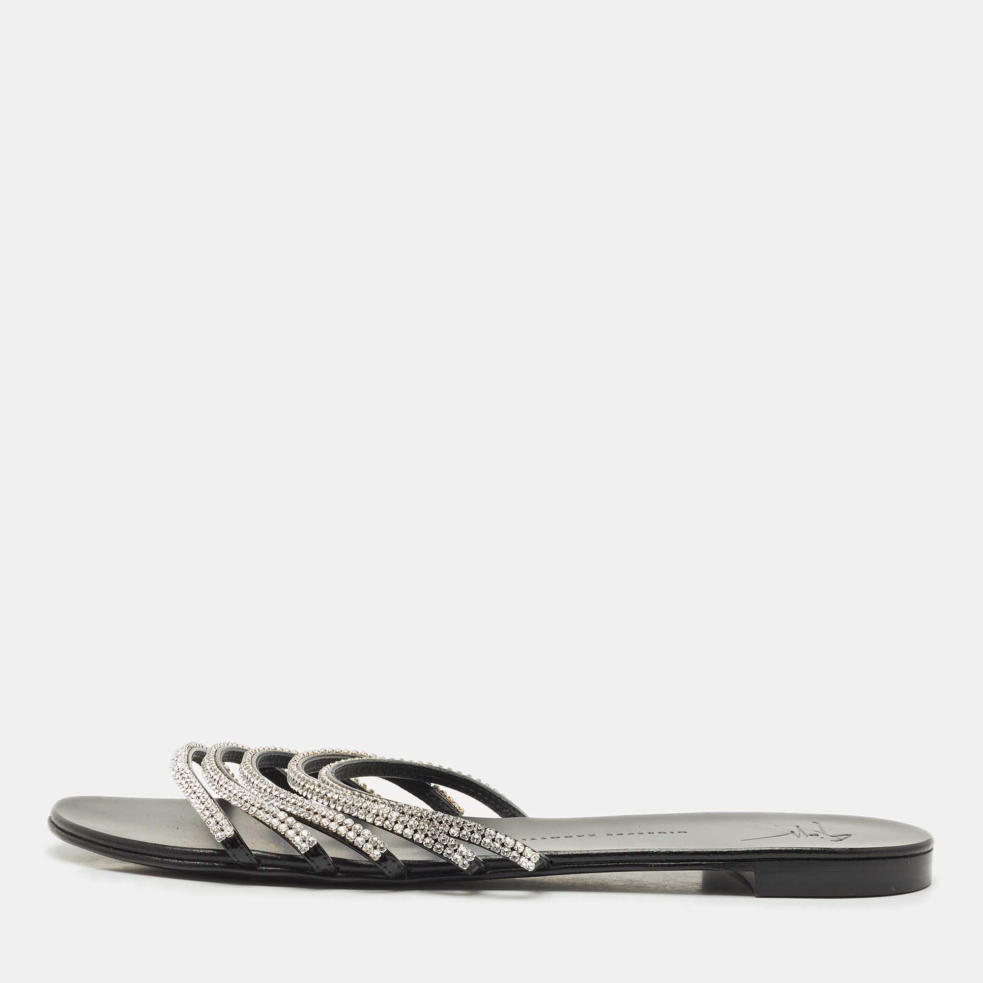 Pre Owned Giuseppe Zanotti Black/Silver Crystal Embellished Leather Flat Slides Size 40
