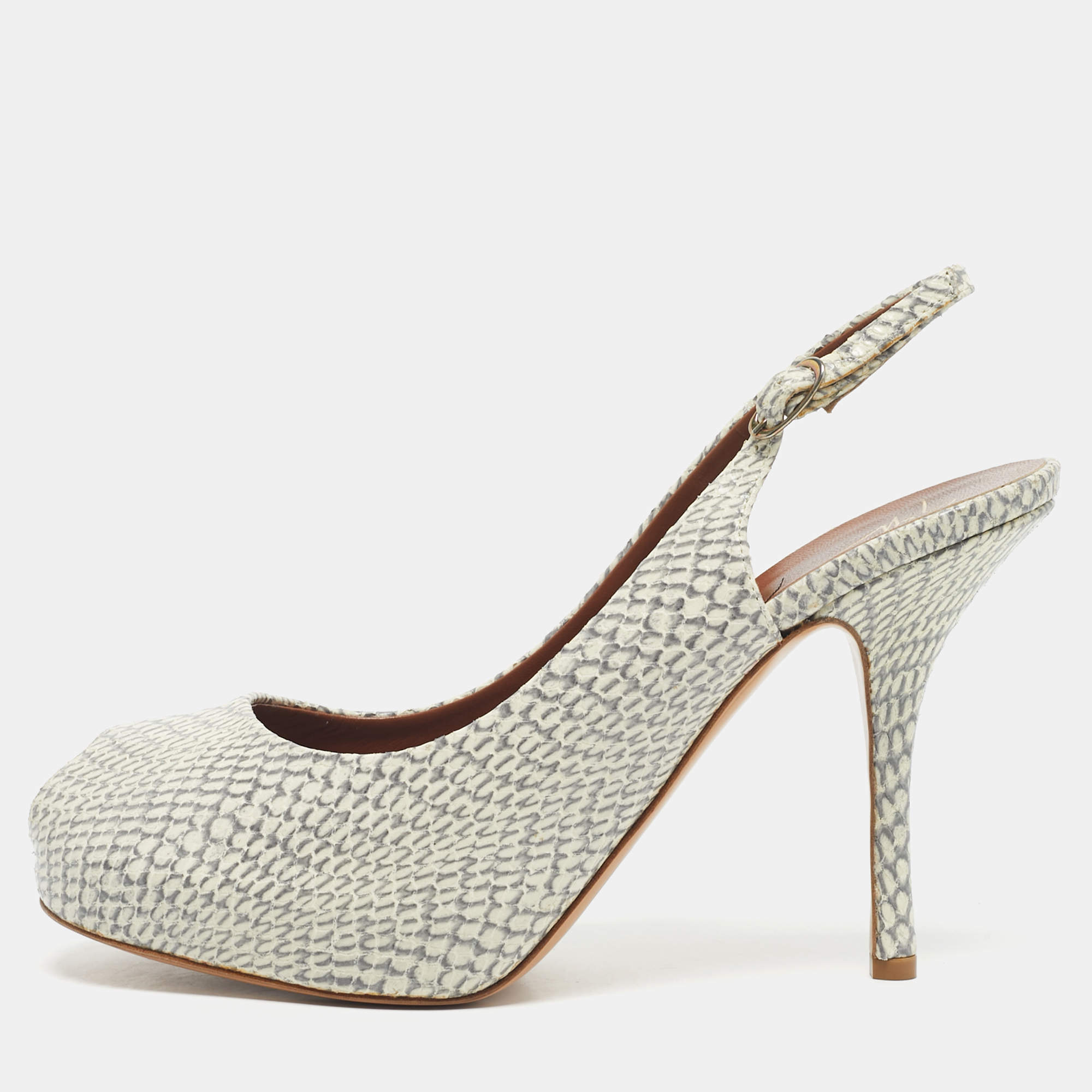 Pre Owned Giuseppe Zanotti Grey/White Python Embossed Leather Peep Toe Slingback Pumps Size 41