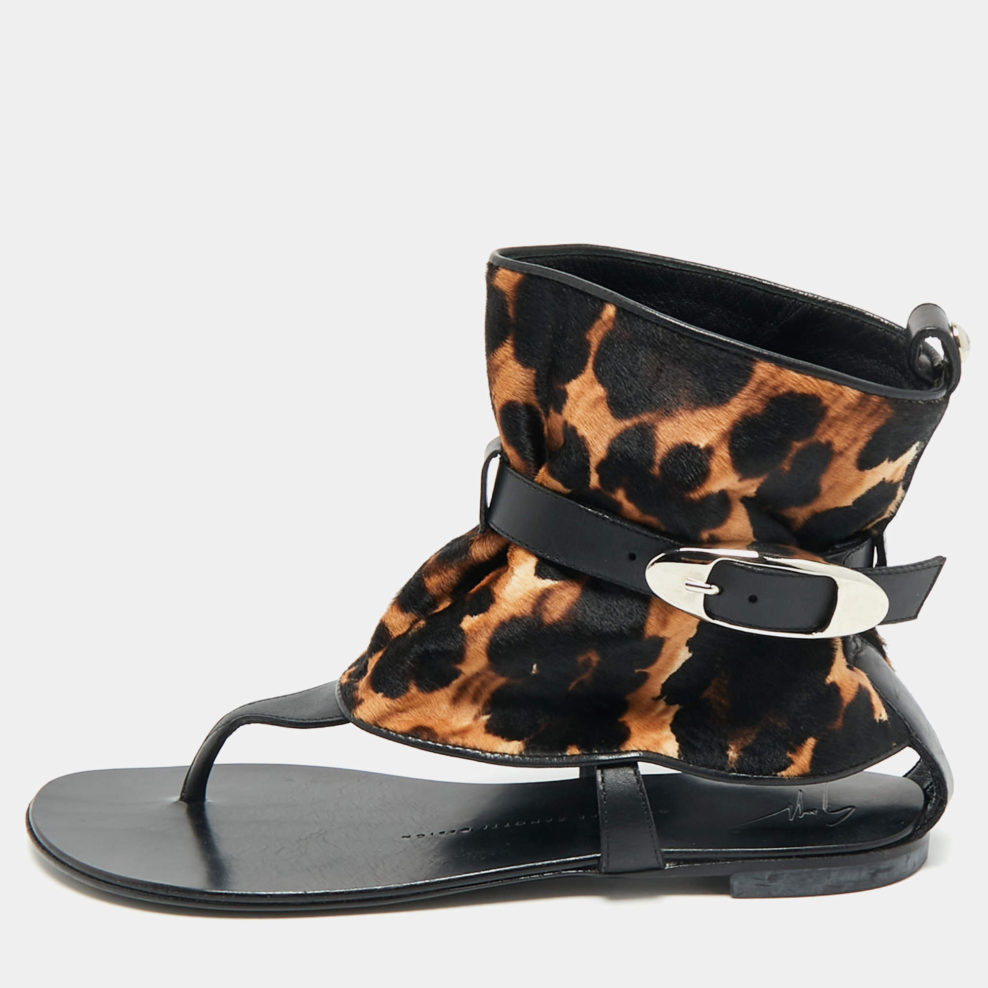 Pre Owned Giuseppe Zanotti Black/Brown Leather and Leopard Print Hair On Buckle Detail Flat Sandals Size 37