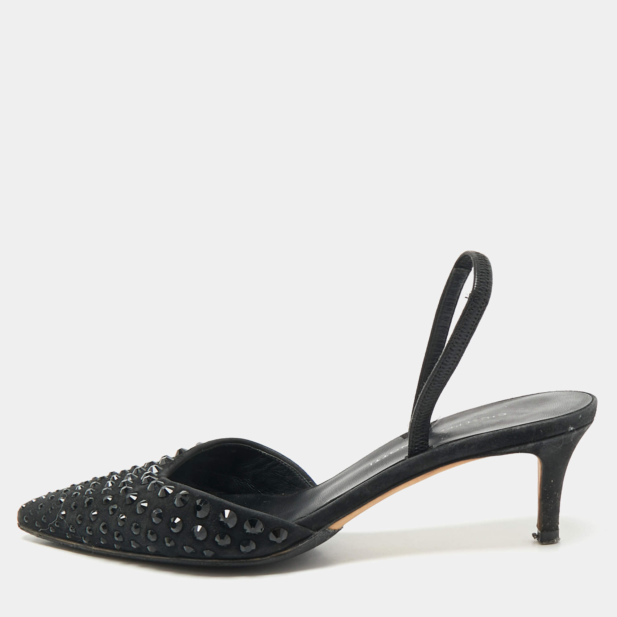 Pre Owned Giuseppe Zanotti Black Satin Crystal Embellished Slingback Pumps Size 36