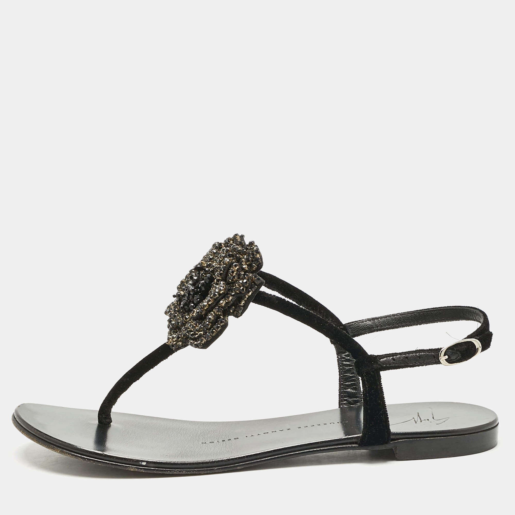 Pre Owned Giuseppe Zanotti Black Velvet Crystal Embellished Flower Flat Thong Sandals Size 36