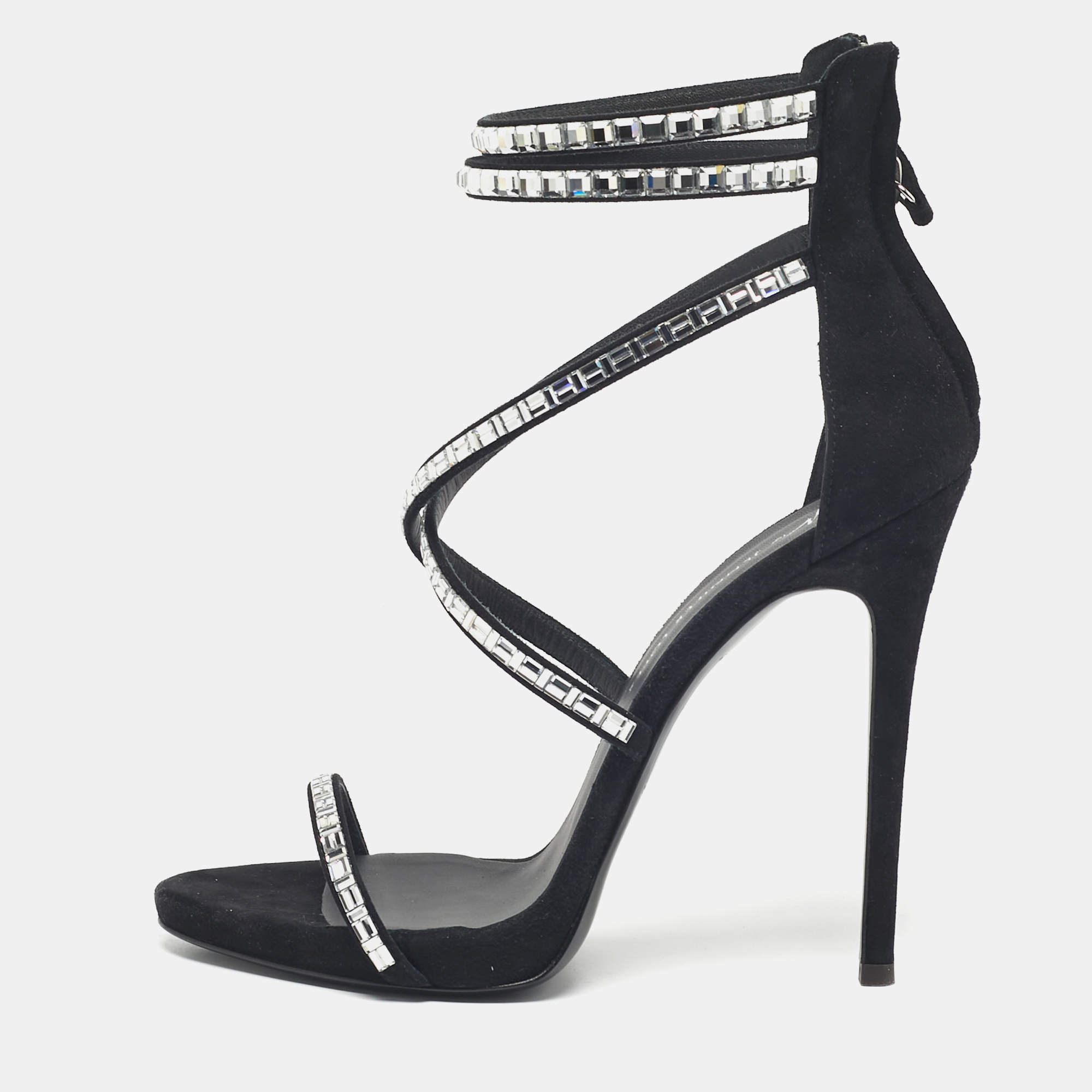 Pre Owned Giuseppe Zanotti Black Suede Crystal Embellished Ankle Strap Sandals Size 38