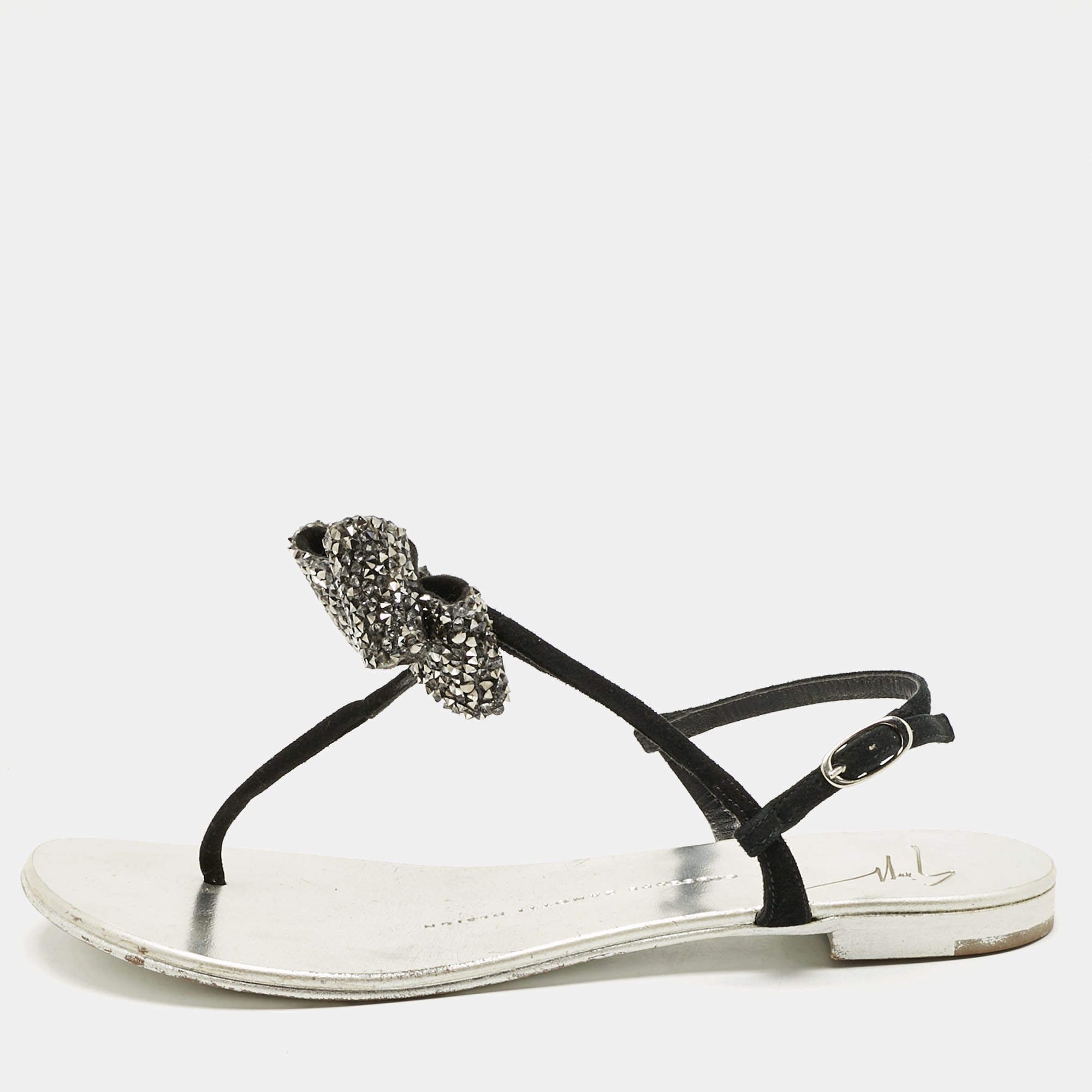 Pre Owned Giuseppe Zanotti Black Suede Crystal Bow Thong Flat Sandals Size 36