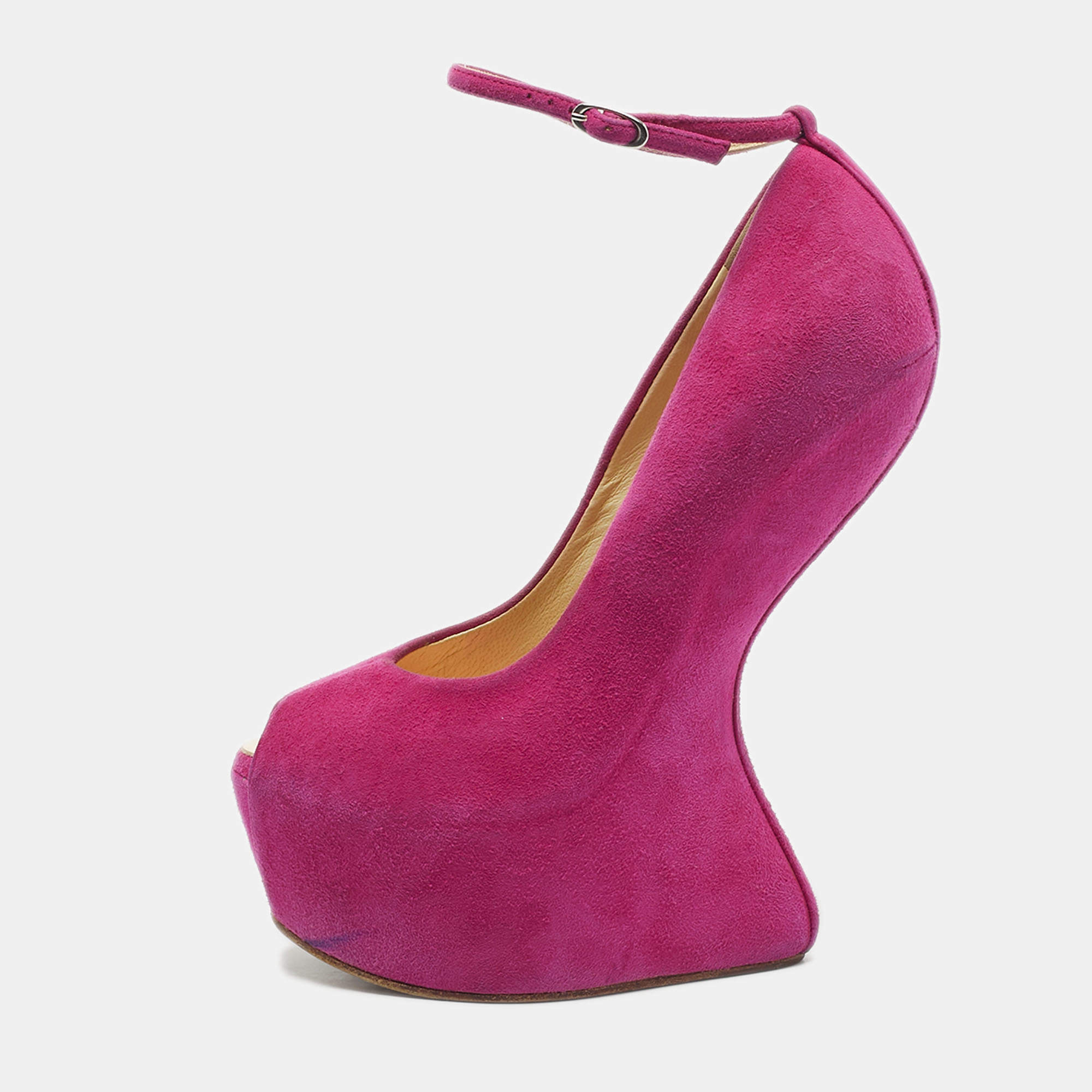 Pre Owned Giuseppe Zanotti Pink Suede Curve Jem Peep Toe Platform Pumps Size 35