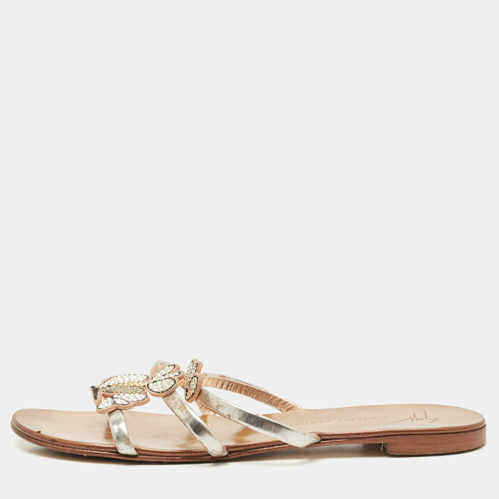 Pre Owned Giuseppe Zanotti Silver Leather  Crystal Embellished Flat Slides Size 37