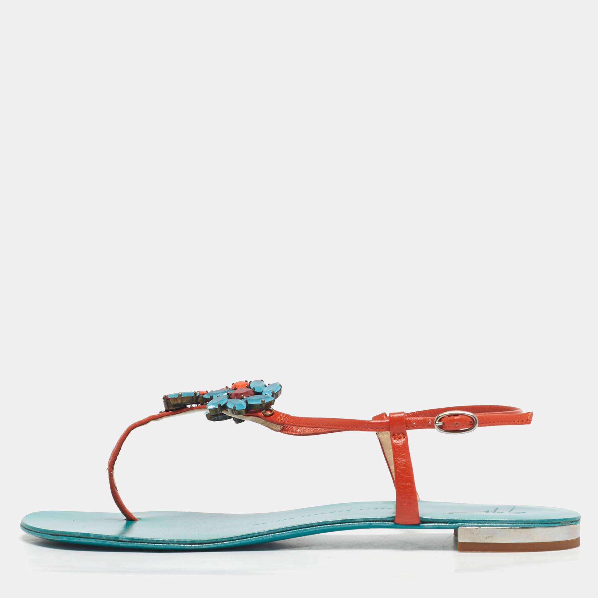 Pre Owned Giuseppe Zanotti Orange Leather Crystal Embellished Slingback Sandals Size 39