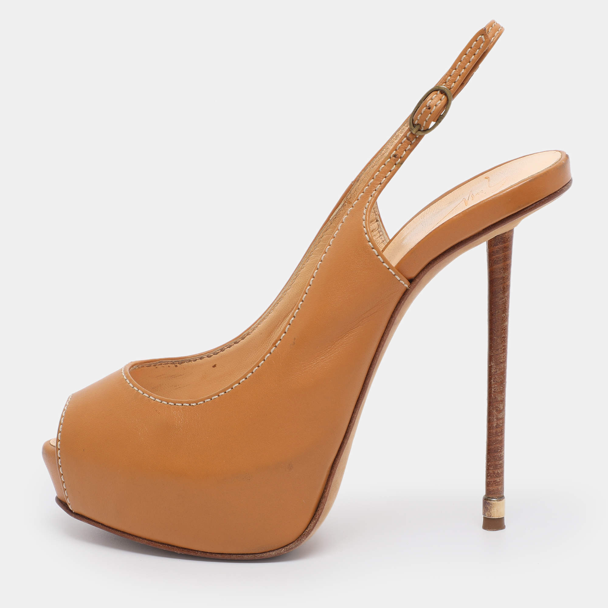 Pre Owned Giuseppe Zanotti Tan Leather Slingback Platform Pumps Size 35
