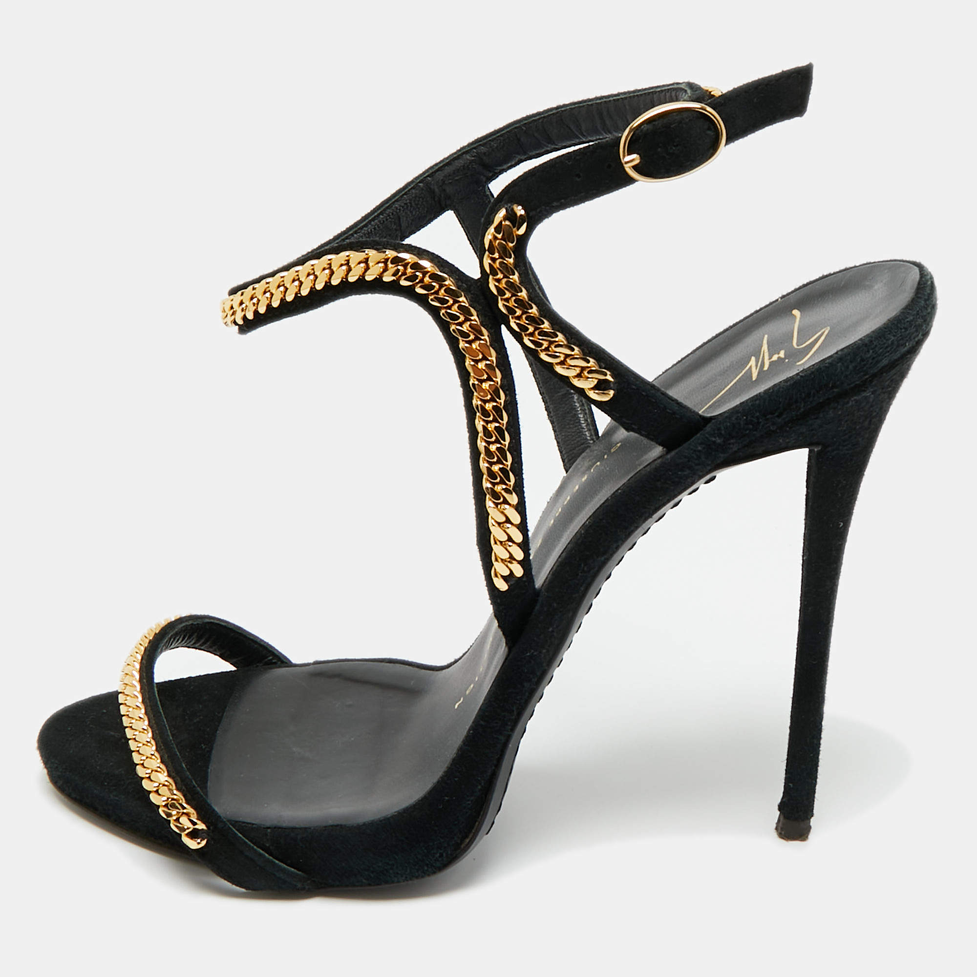Pre Owned Giuseppe Zanotti Black Suede Coline Chain Link Ankle Strap Sandals Size 38