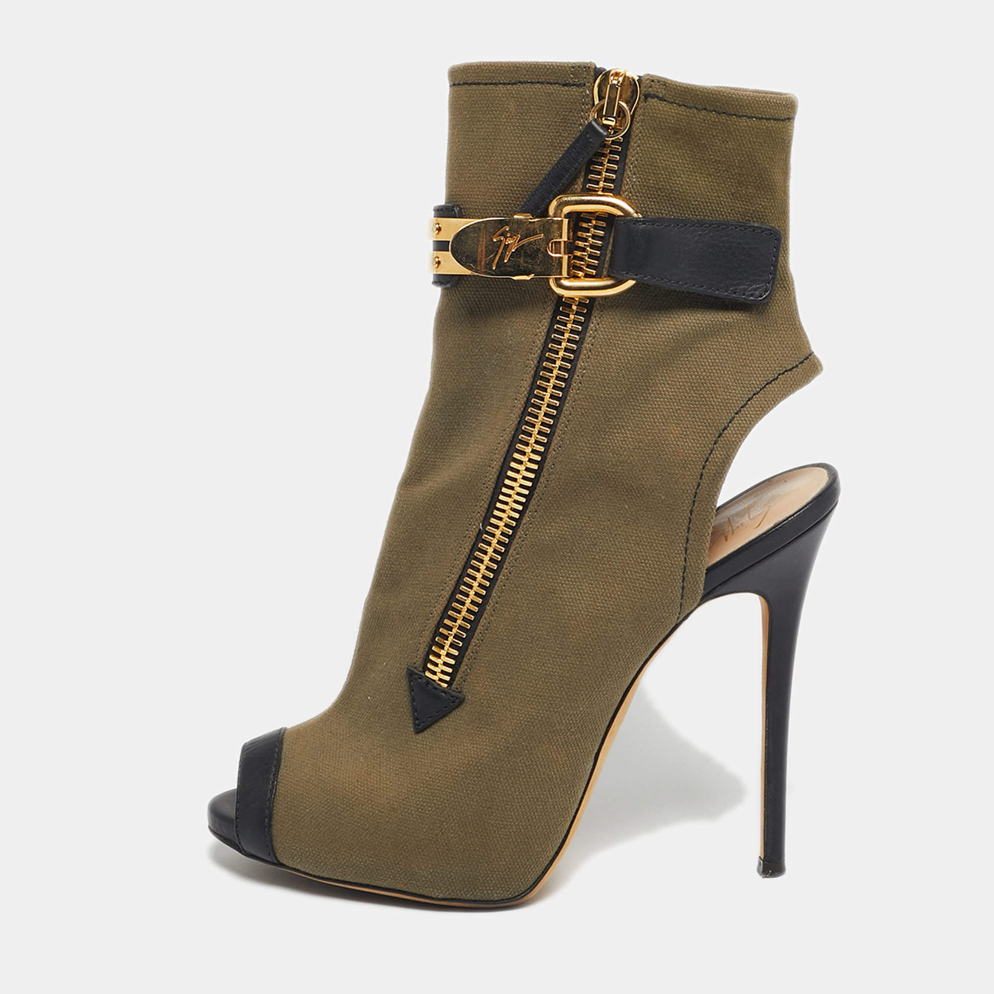 Pre Owned Giuseppe Zanotti Green  Canvas Roxie Peep Toe Cut Out Ankle Boots  Size 38.5