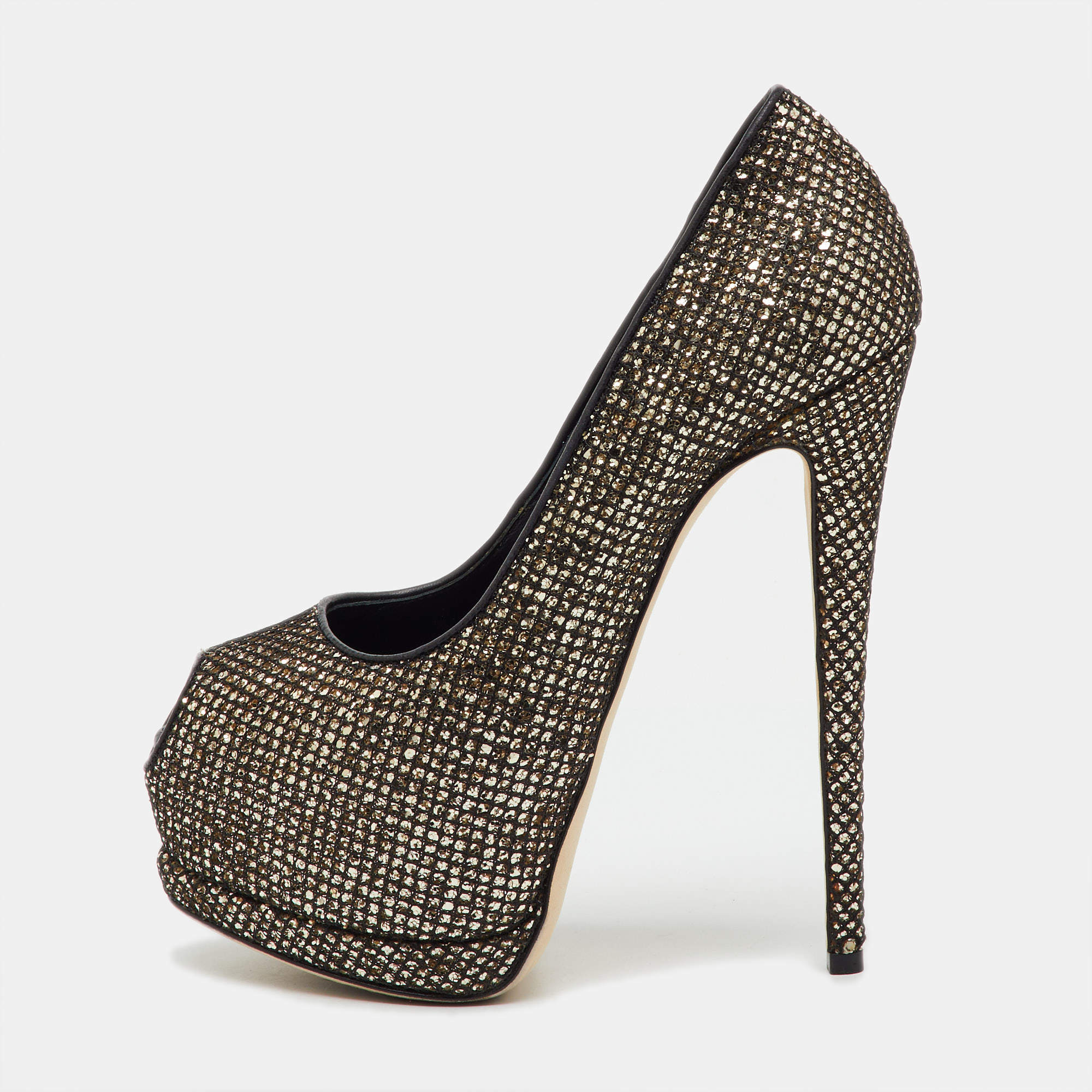 Pre Owned Giuseppe Zanotti Gold/Black Glitter and Mesh Sharon Platform Peep Toe Pumps Size 37.5