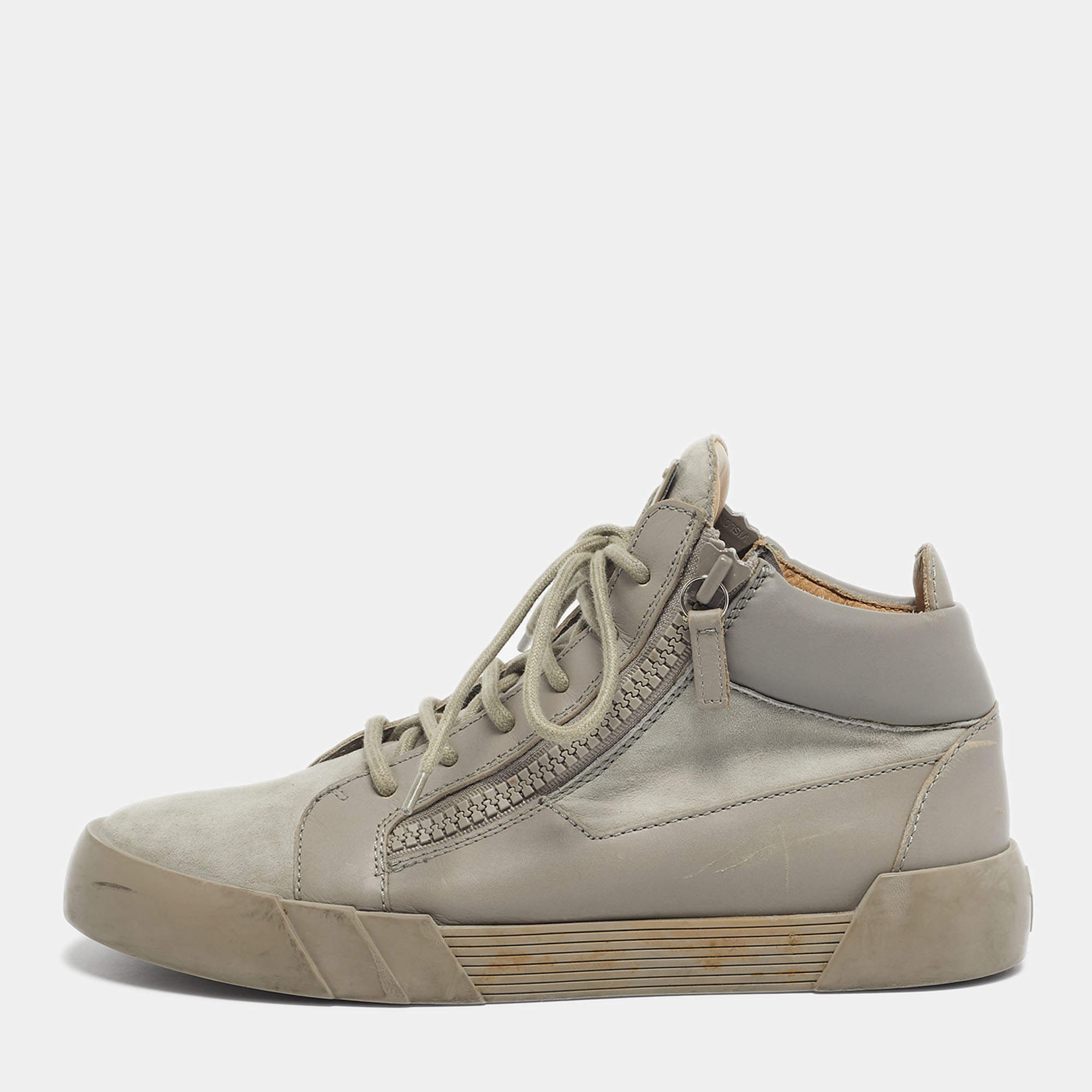 Pre Owned Giuseppe Zanotti Grey Leather and Suede Double Sketch High Top Sneakers Size 40