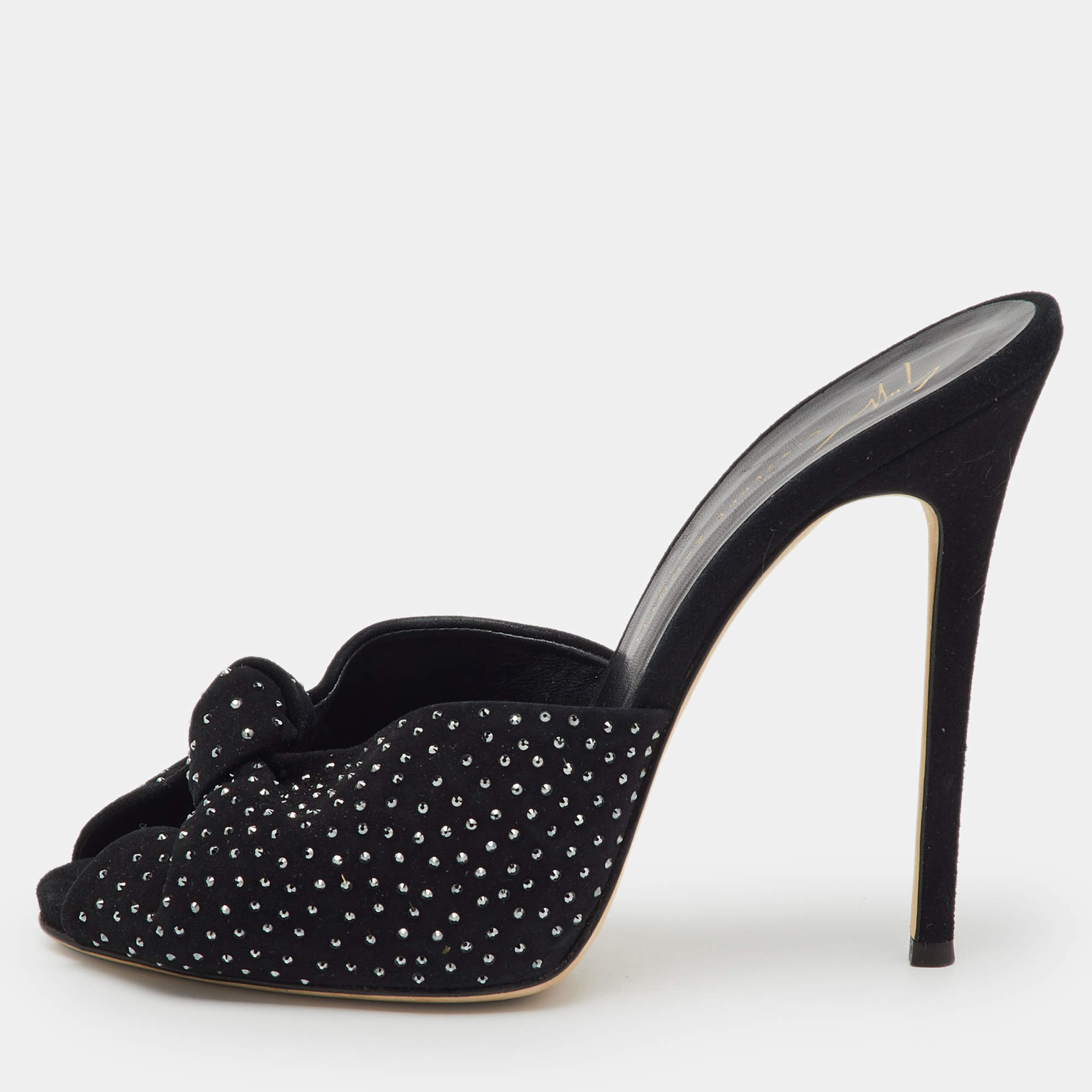 Pre Owned Giuseppe Zanotti Black Suede Crystal Embellished Slide Sandals Size 38