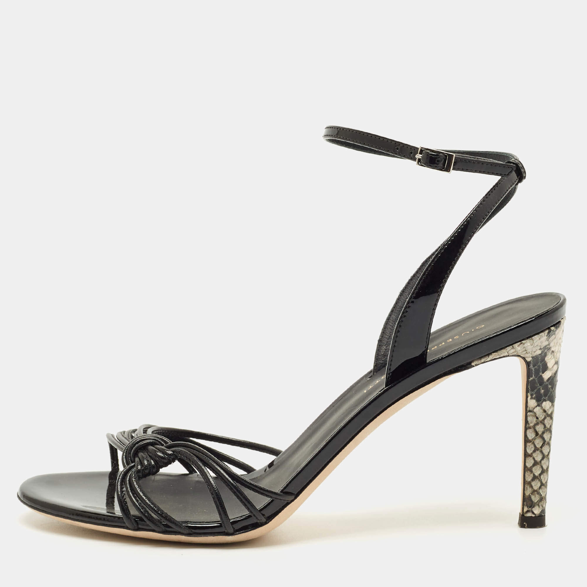 Pre Owned Giuseppe Zanotti Black Leather and Patent Leather Ankle Strap Sandals Size 40
