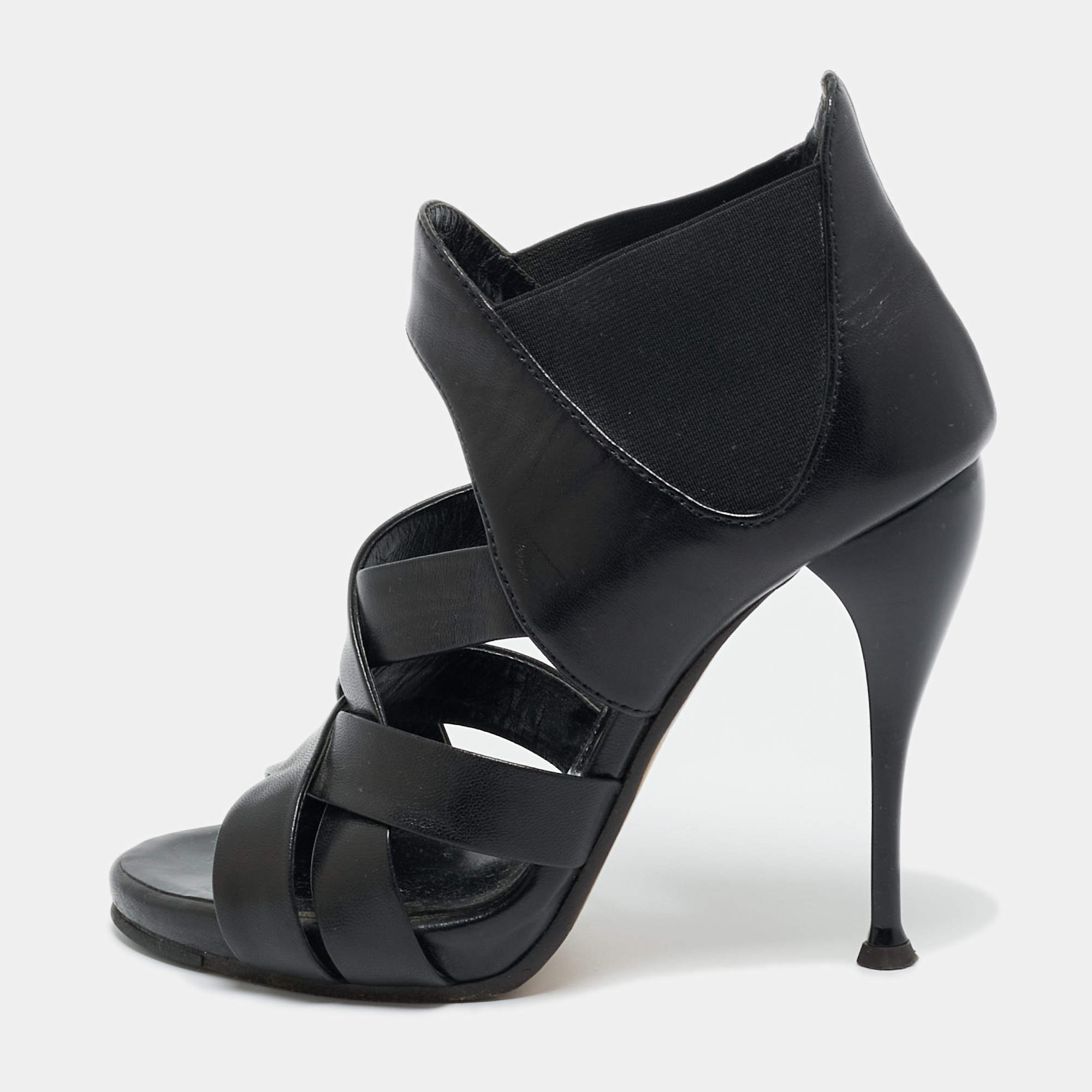 Pre Owned Giuseppe Zanotti Black Leather Crisscross Ankle Strap Sandals Size 36.5