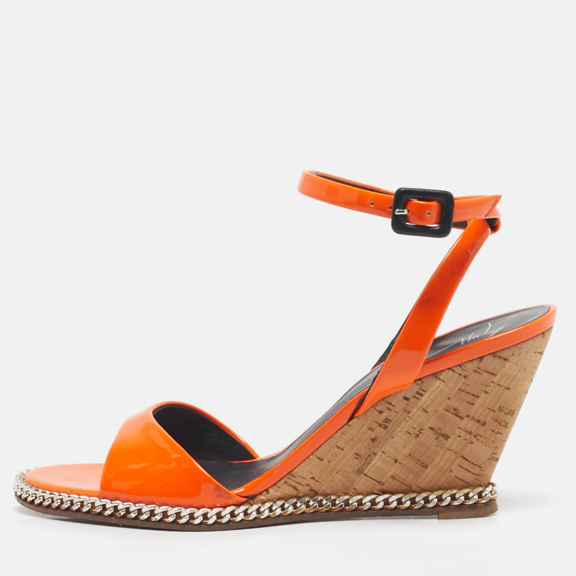 Pre Owned Giuseppe Zanotti Orange Patent Leather Chain Cork Wedge Ankle Strap Sandals Size 37.5