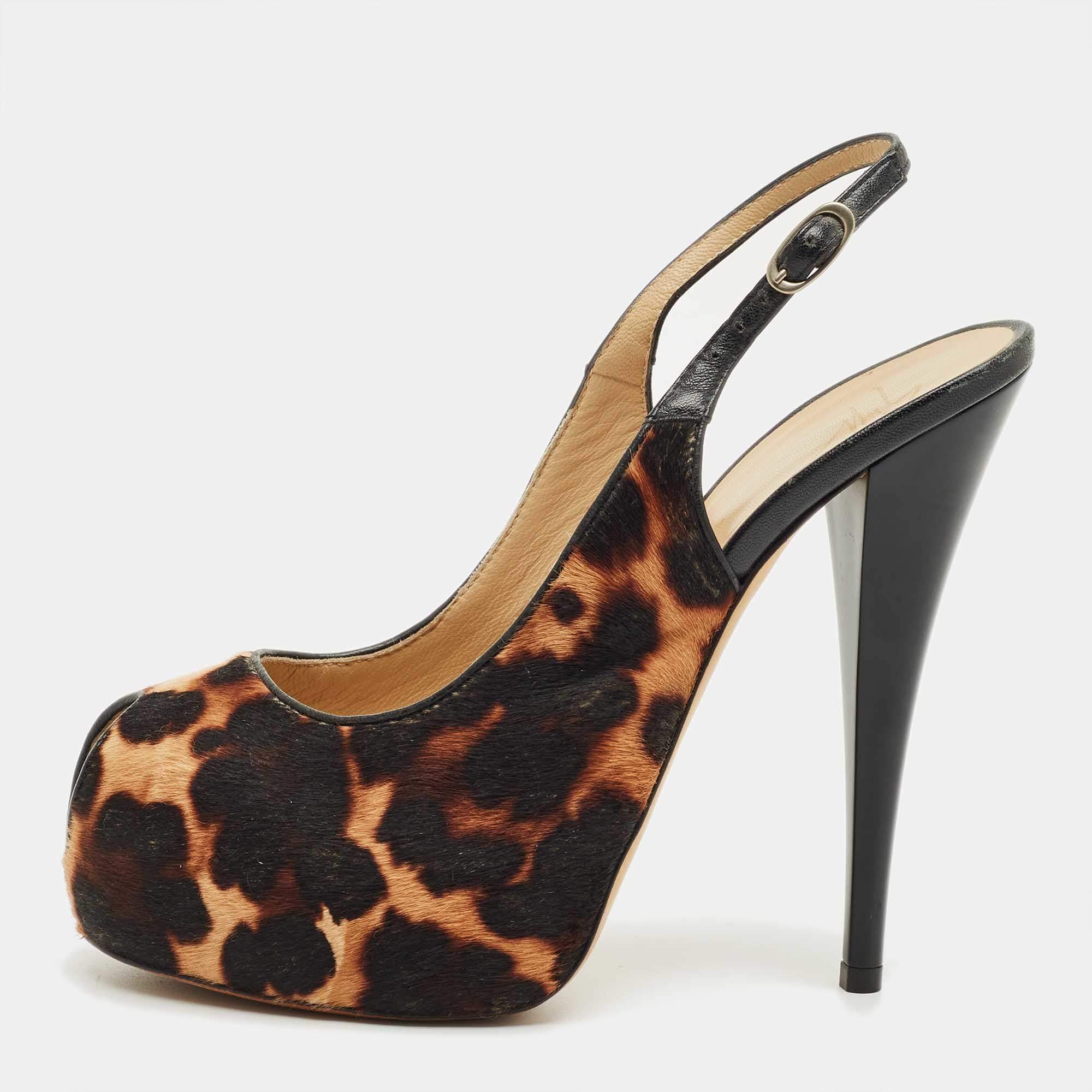 Pre Owned Giuseppe Zanotti Beige leopard Print Calf Hair and Leather Peep Toe Slingback Pumps Size 38